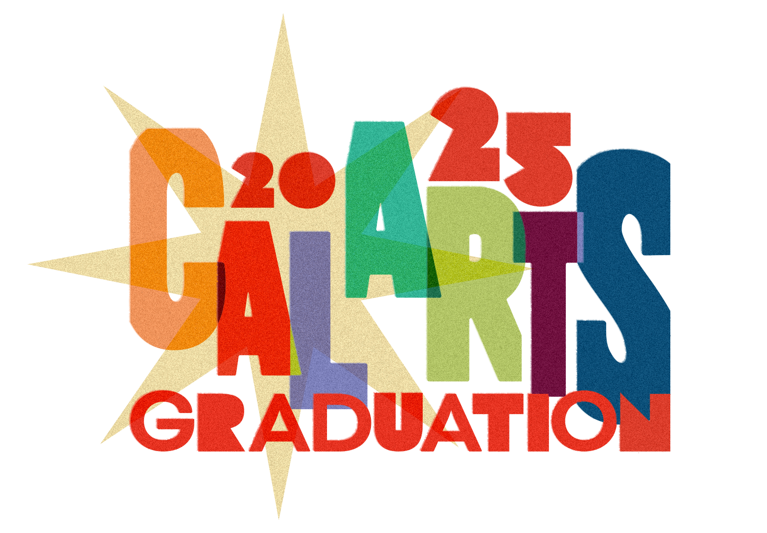 CalArts Graduation 2025 in block type in bright colors with a large starburst