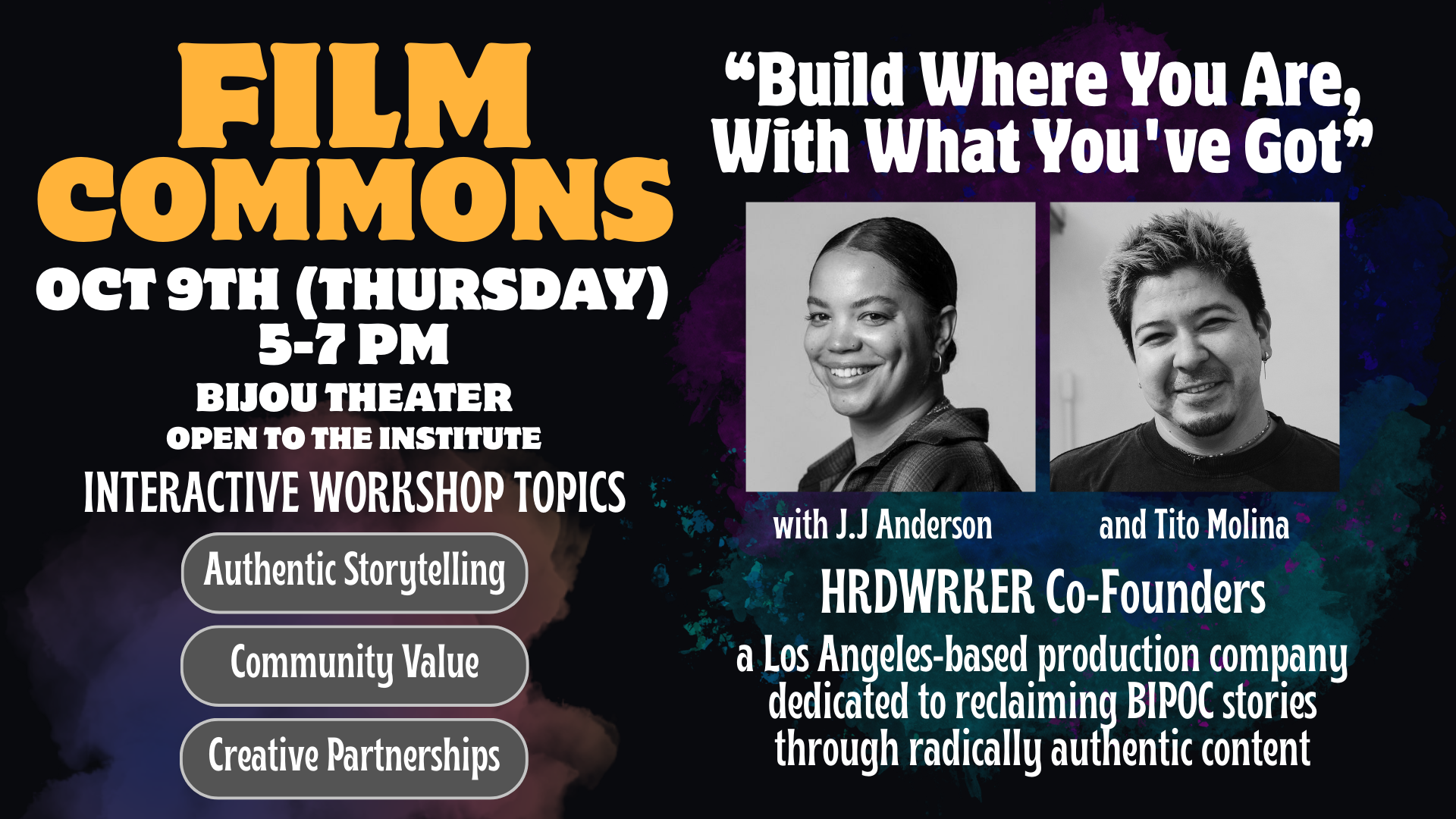 Event poster for a film workshop called "Film Commons" on October 9th, with co-founders J.J Anderson and Tito Molina.