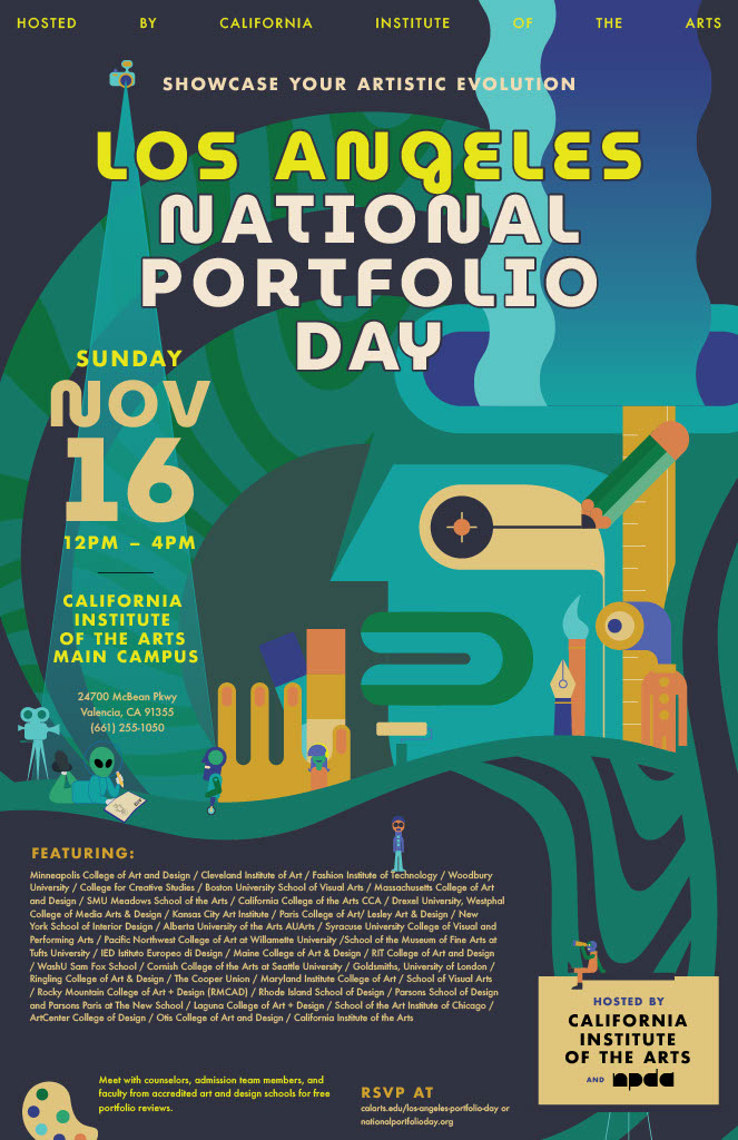 Poster for Los Angeles National Portfolio Day with event details and abstract artistic elements.