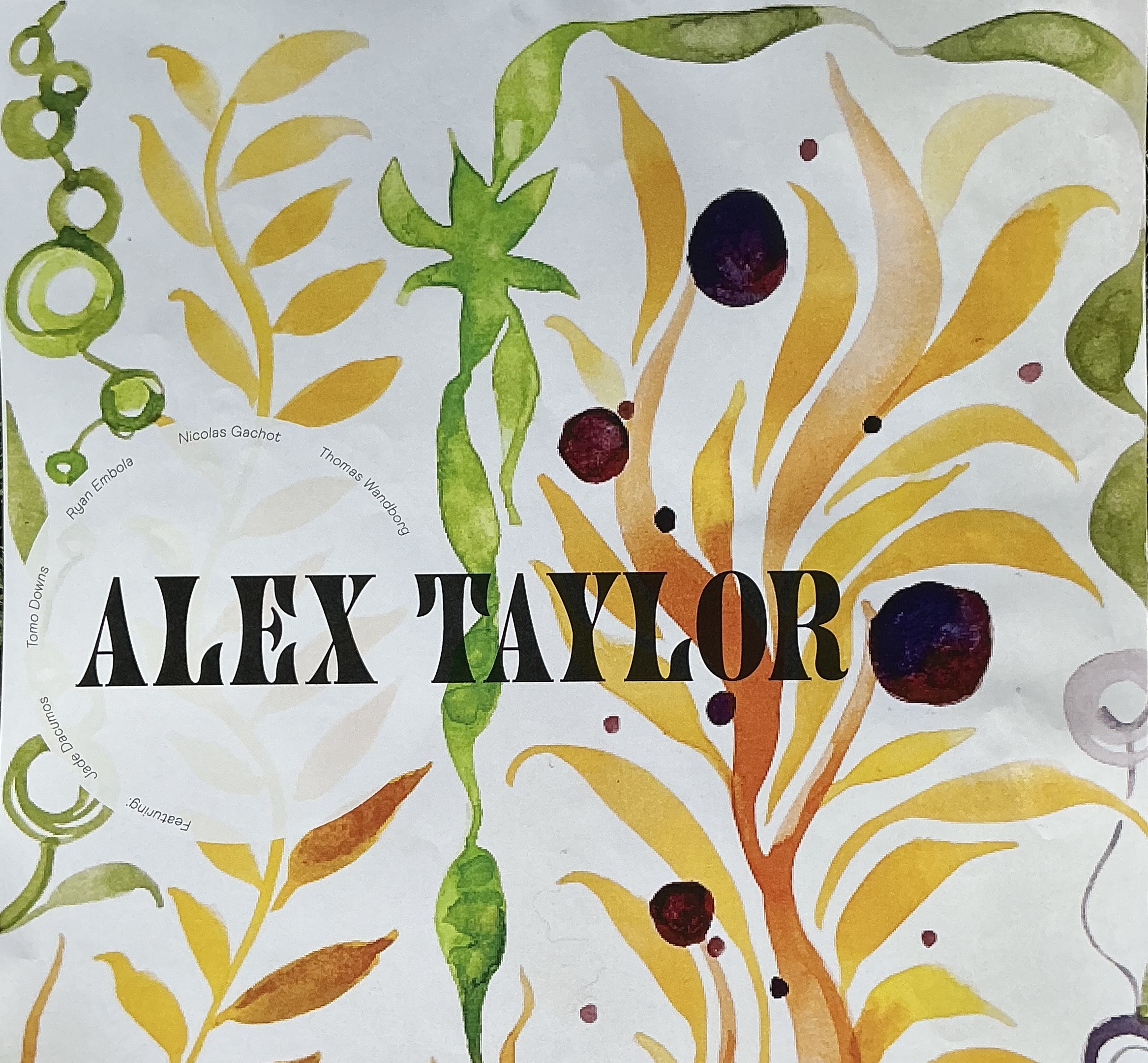 Botanical-themed design with abstract plant shapes and the text "ALEX TAYLOR" in bold.