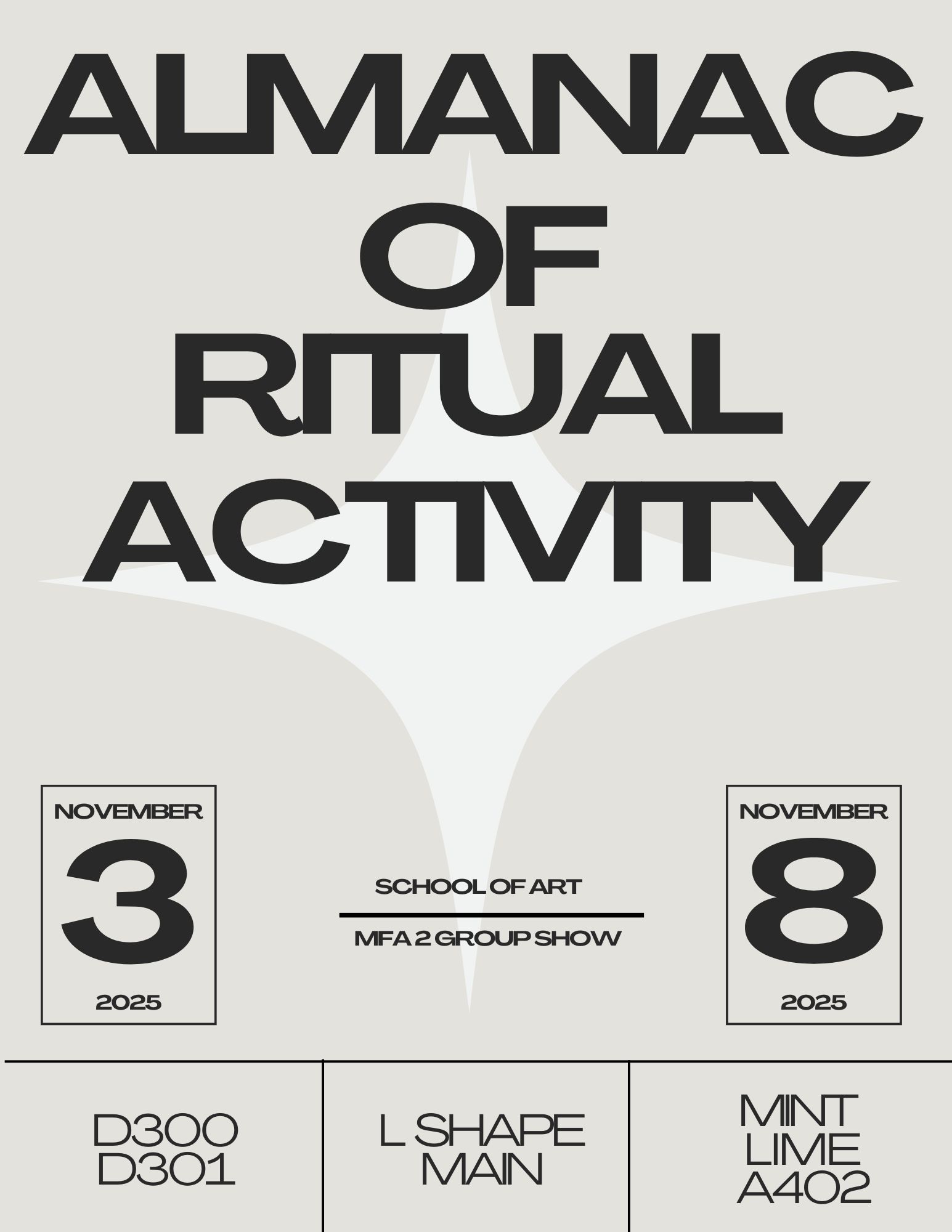 Poster titled "ALMANAC OF RITUAL ACTIVITY" with event details and dates November 3 and 8, 2025.