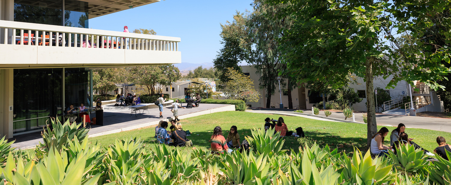 Students gather on the lawn at CalArts.