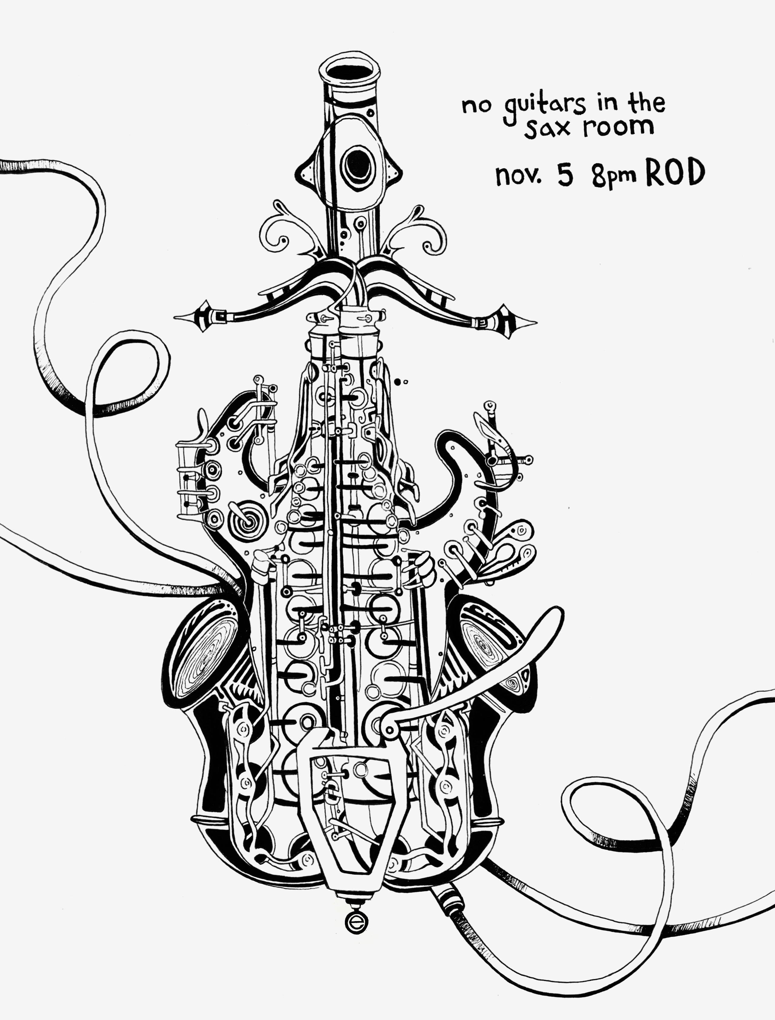 A detailed black and white illustration of a mechanical saxophone with artistic text.