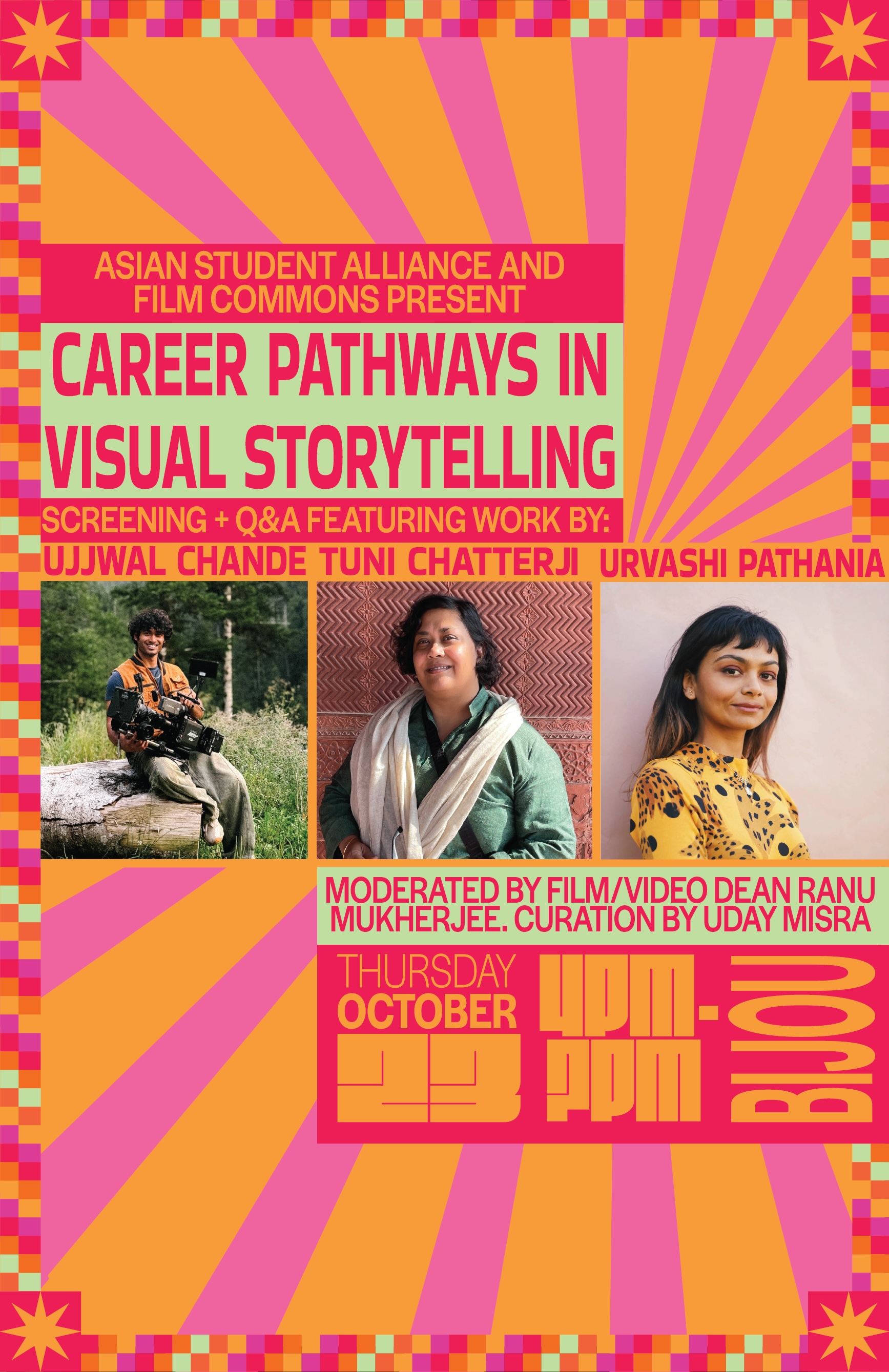 Vibrant poster for "Career Pathways in Visual Storytelling" with photos of three participants and event details.
