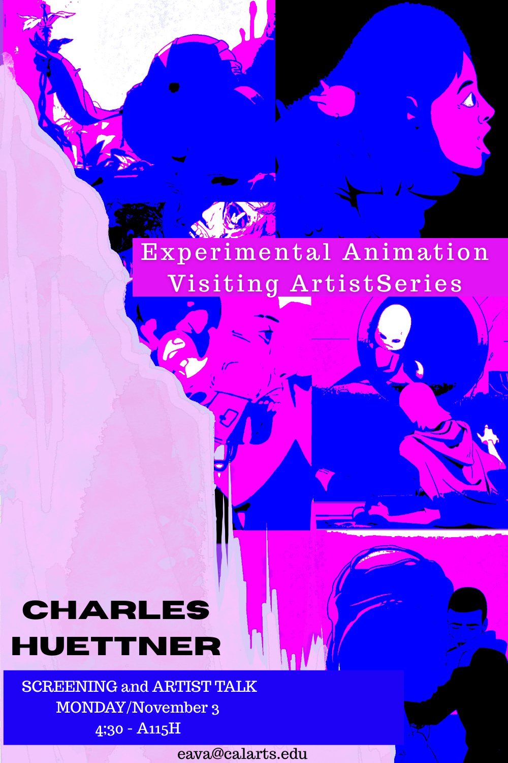 A colorful poster for an animation event featuring abstract and figurative elements in magenta and blue hues.