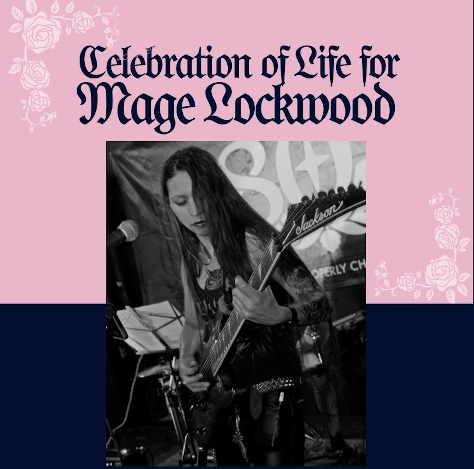 A black-and-white photo of a person playing an electric guitar with the text "Celebration of Life for Mage Lockwood" above it.