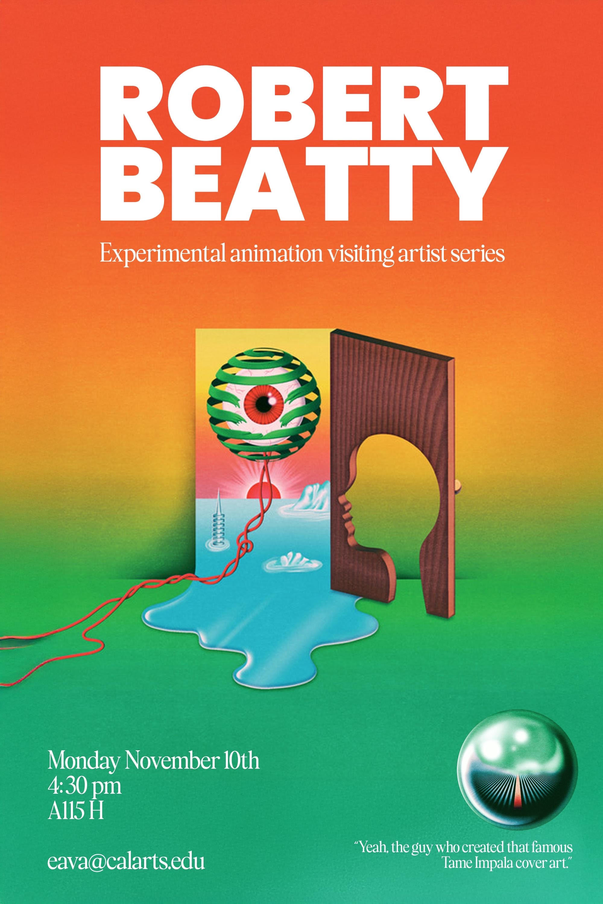Promotional poster for an event featuring Robert Beatty with abstract artwork and event details.