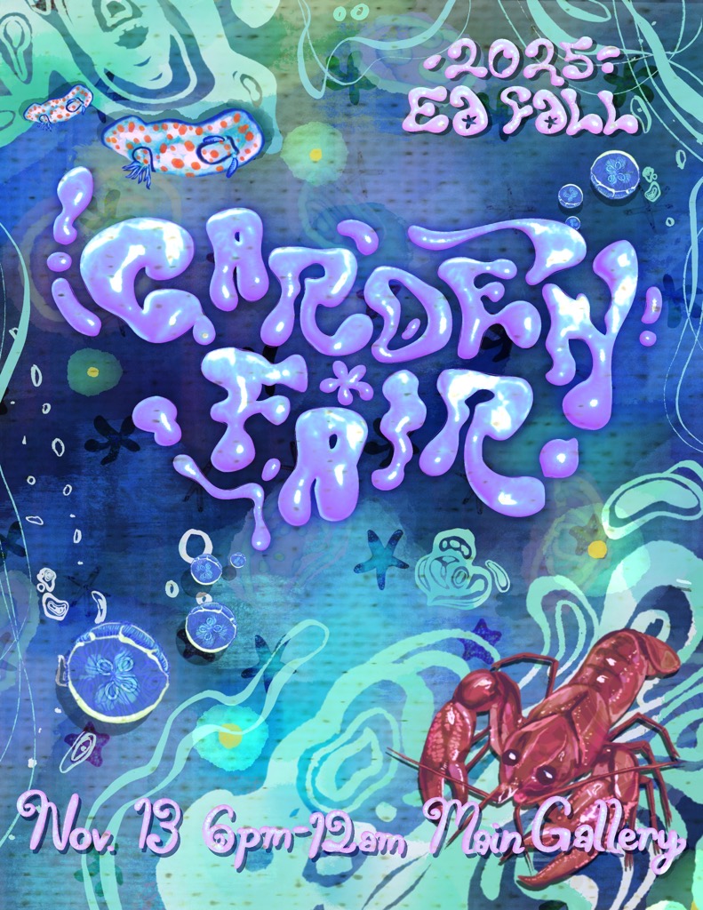 Colorful underwater-themed poster with "Garden Fair" in lavender bubble font and a lobster illustration.