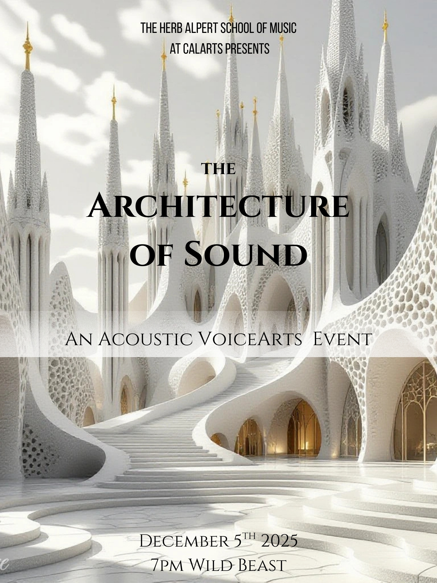 Futuristic white architecture with spires and curves; text overlays event details.