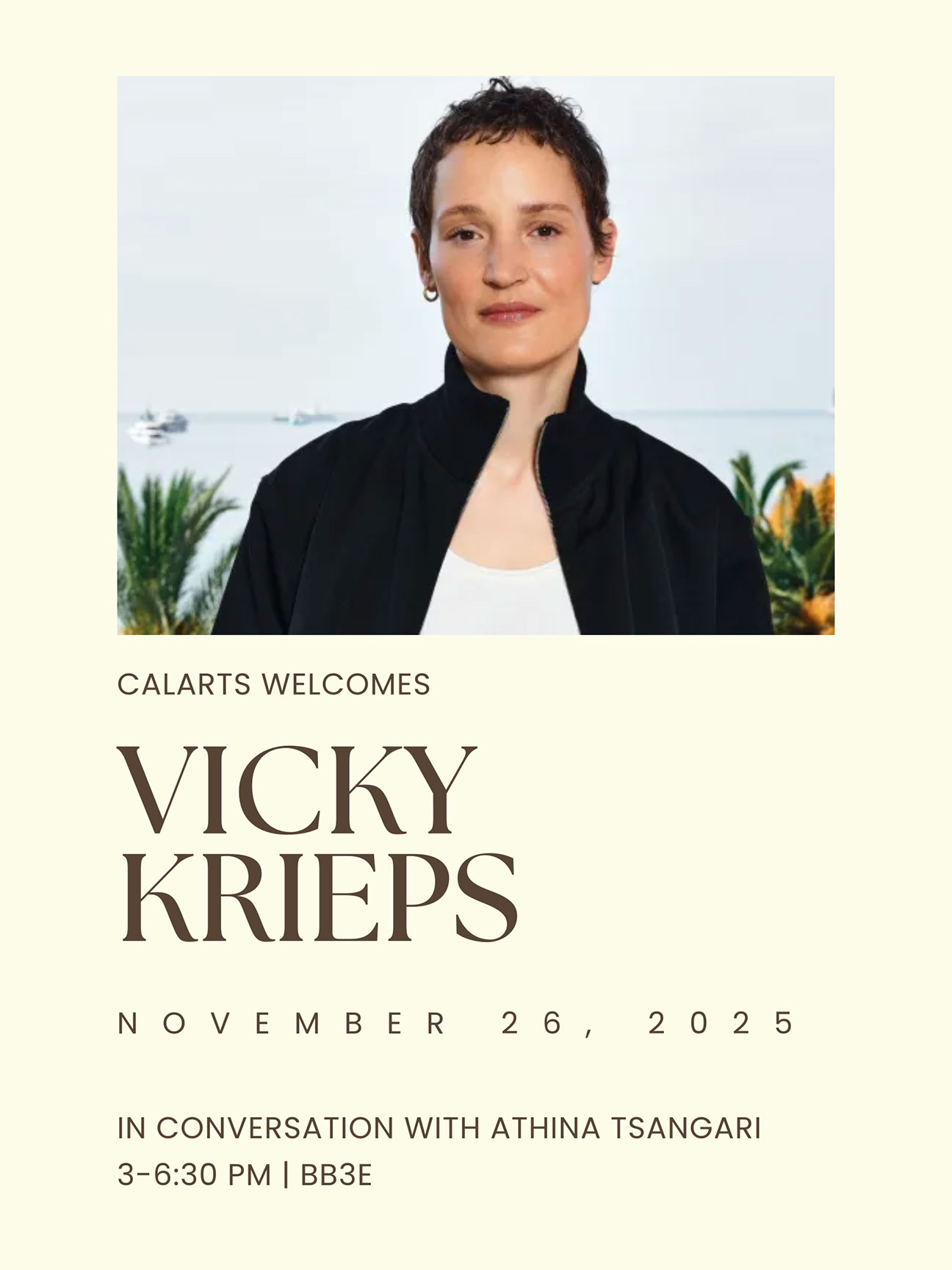 Portrait of a person next to event details for "Vicky Krieps" on a beige background.