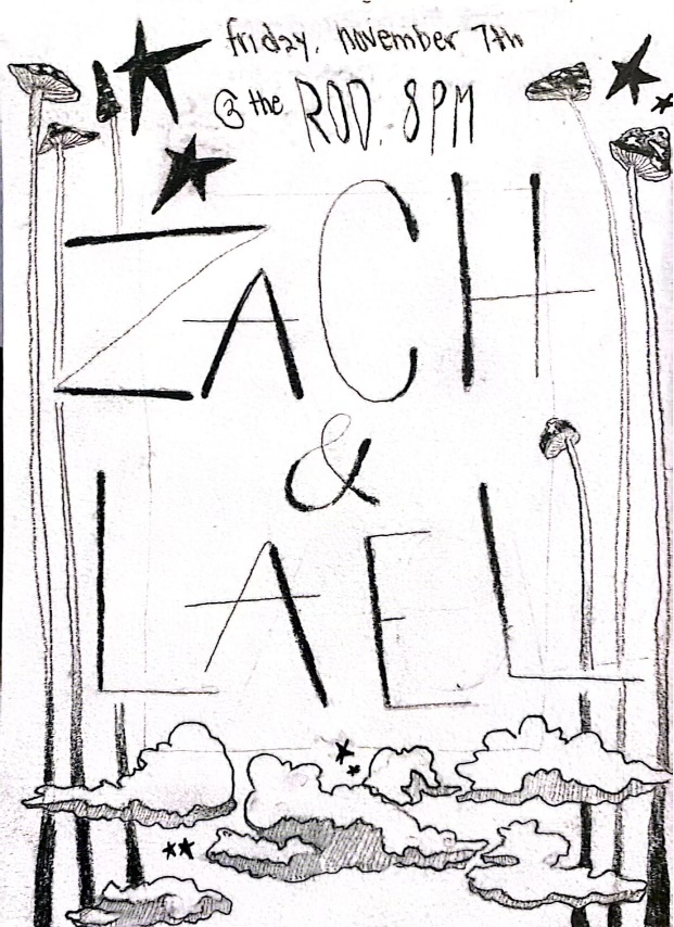Hand-drawn flyer with stars, mushrooms, and the text "ZACH & LAEL."
