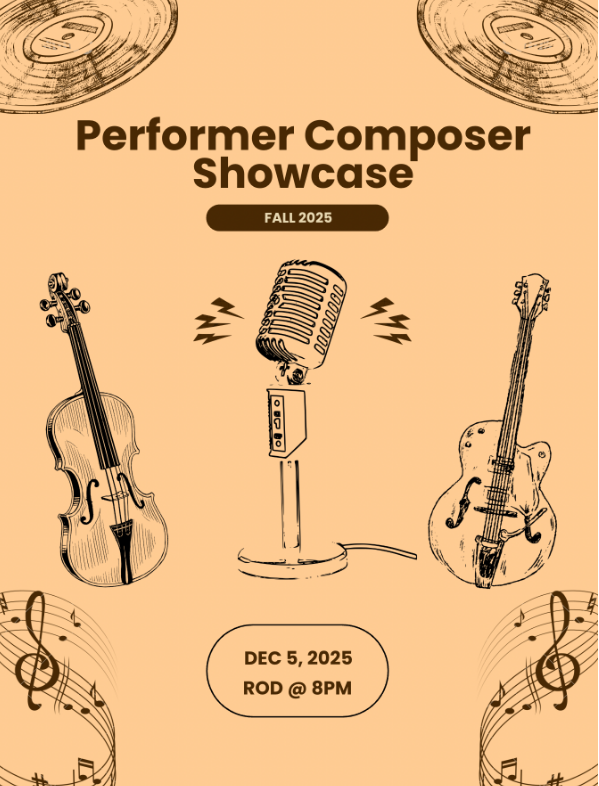 Poster for a music showcase with vintage illustrations of a microphone, violin, and guitar, dated December 5, 2025.