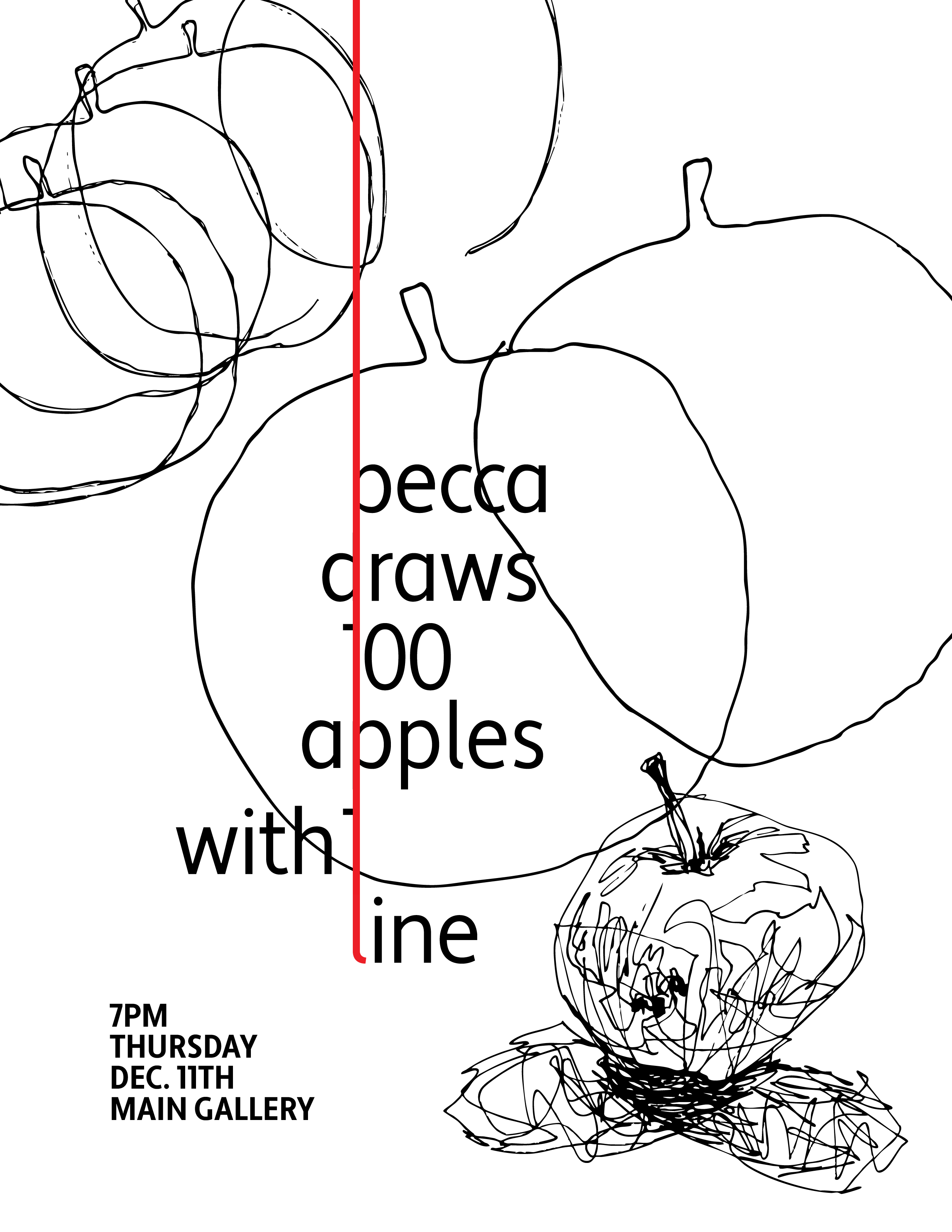 Abstract image with line drawings of apples and text partially disrupted by a vertical red line.