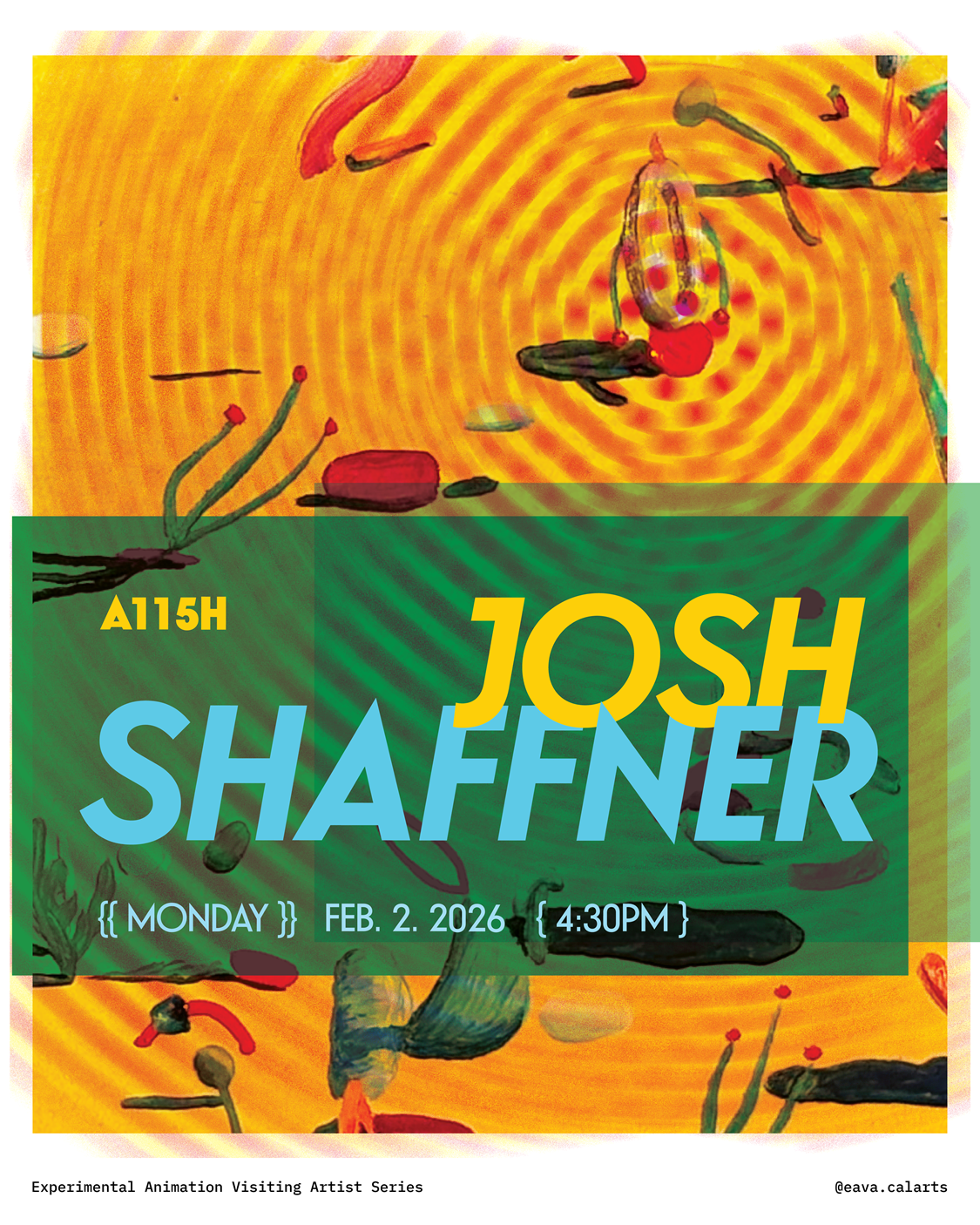 Abstract poster with yellow and orange swirling patterns and text about Josh Shaffner’s event on February 2, 2026.