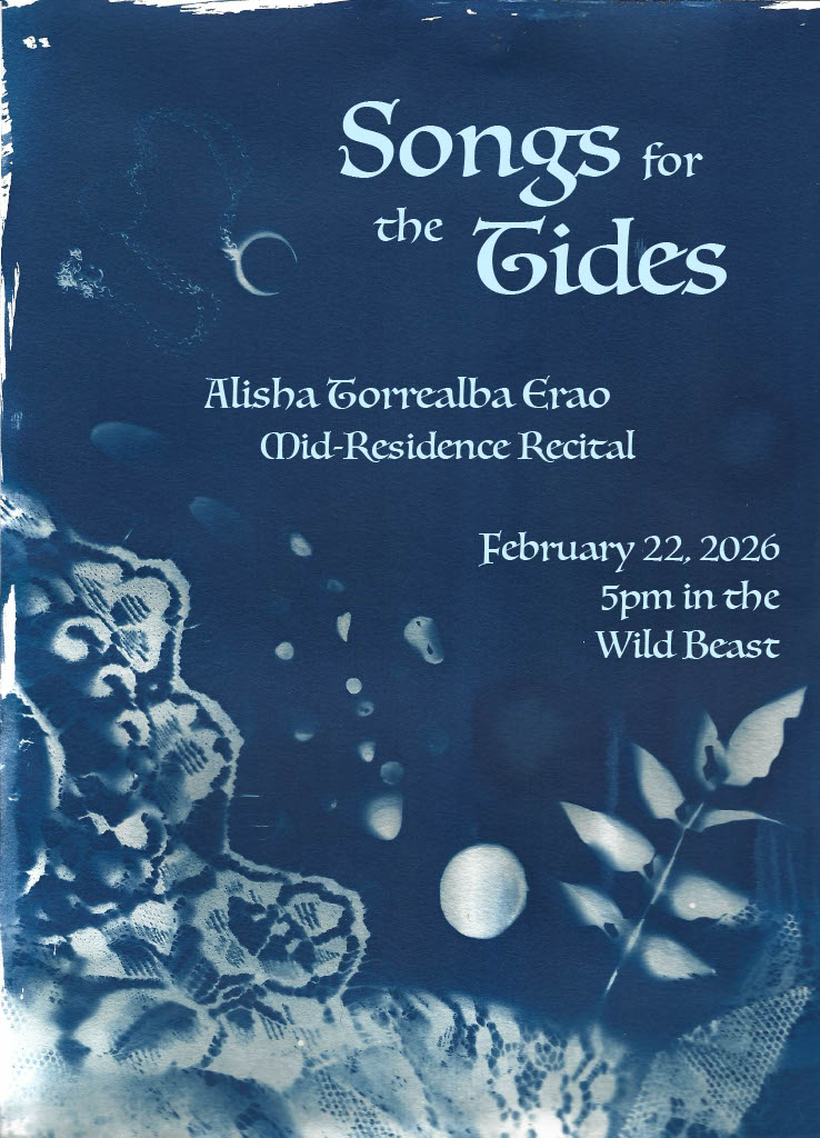 A blue poster with the text "Songs for the Tides" and recital details surrounded by natural and abstract patterns.