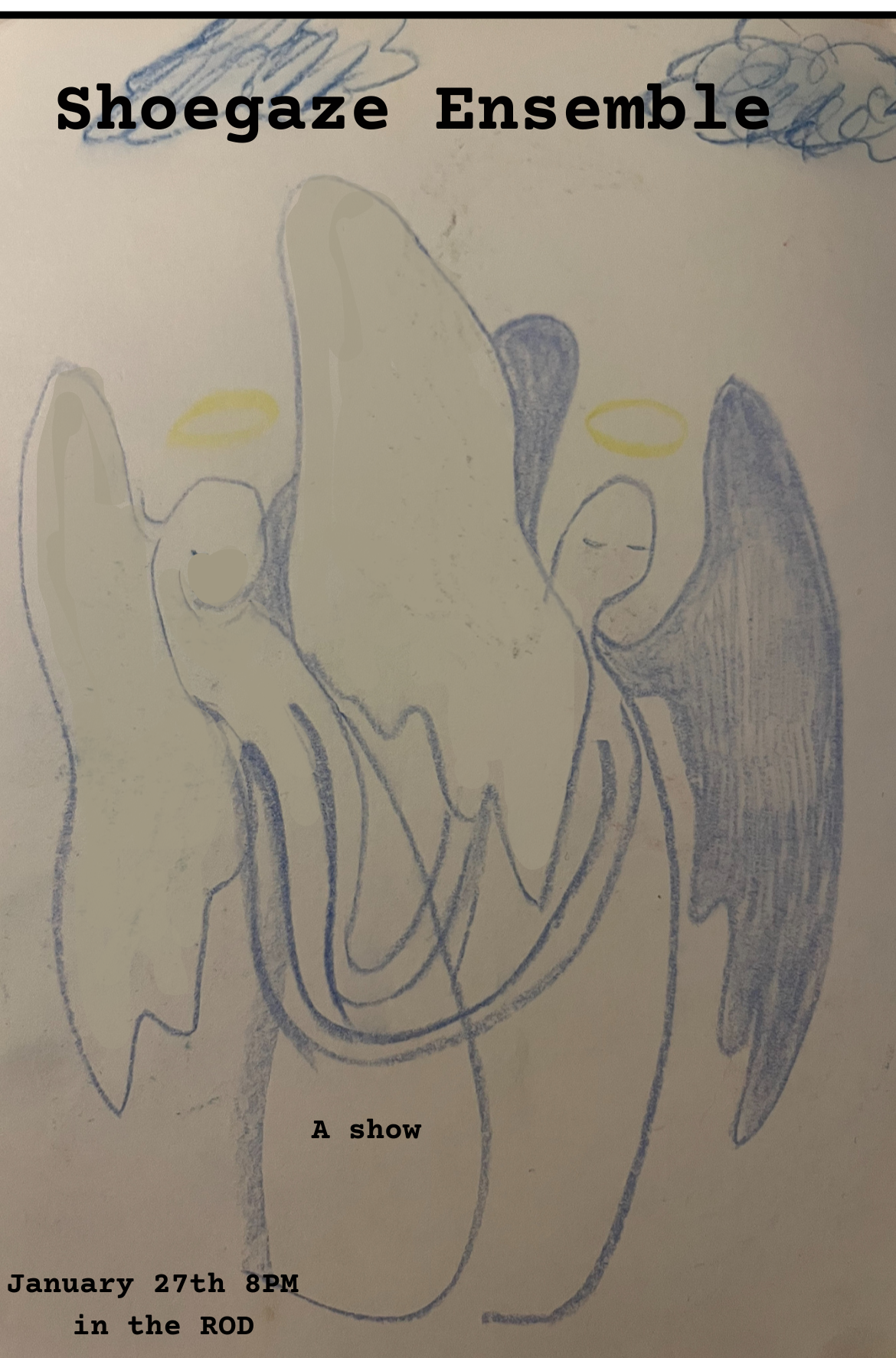Two angels with halos and large wings, with event information for a "Shoegaze Ensemble" show.
