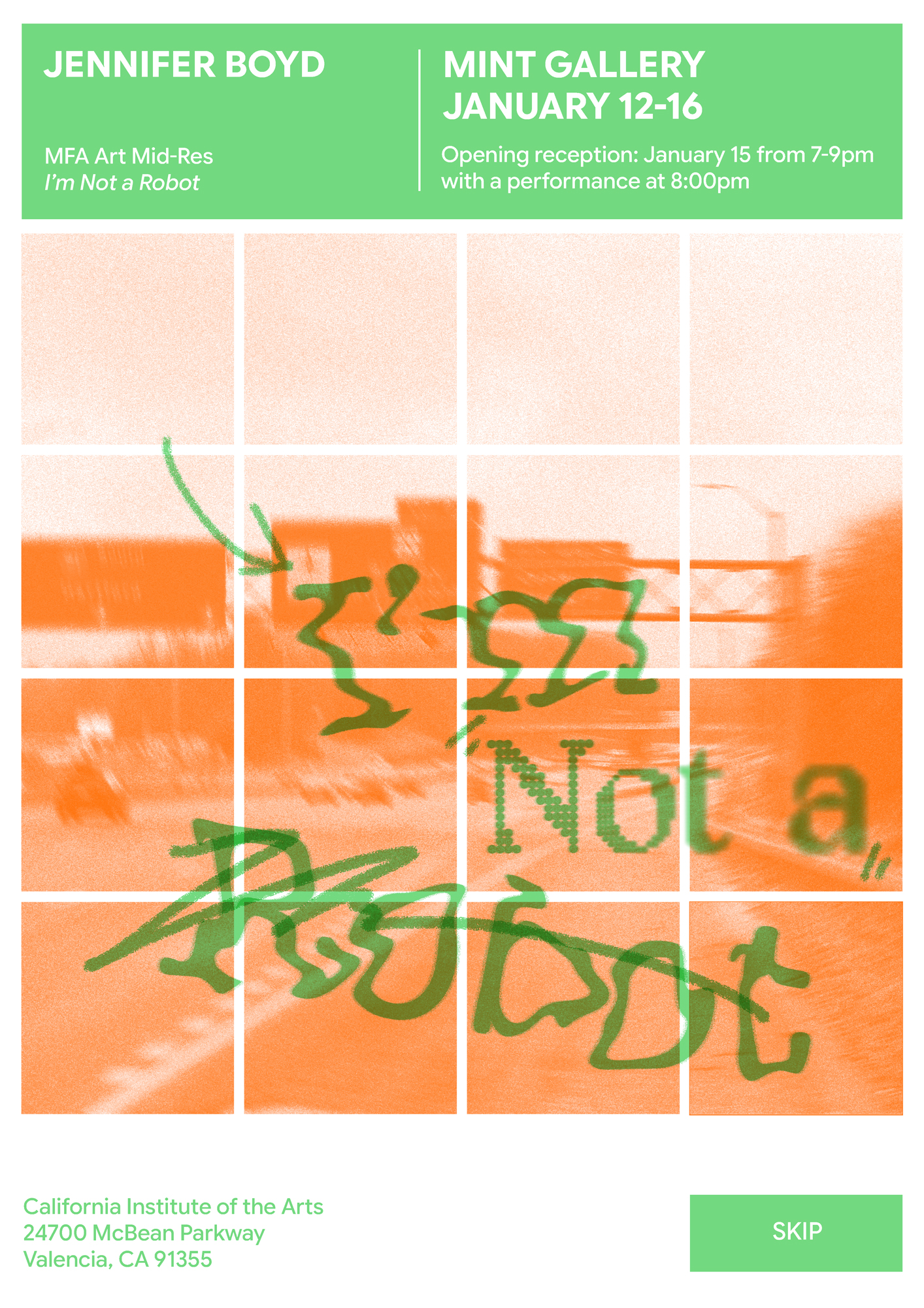 Gallery exhibition poster with abstract orange and white grid and text, "I'm Not a Robot."