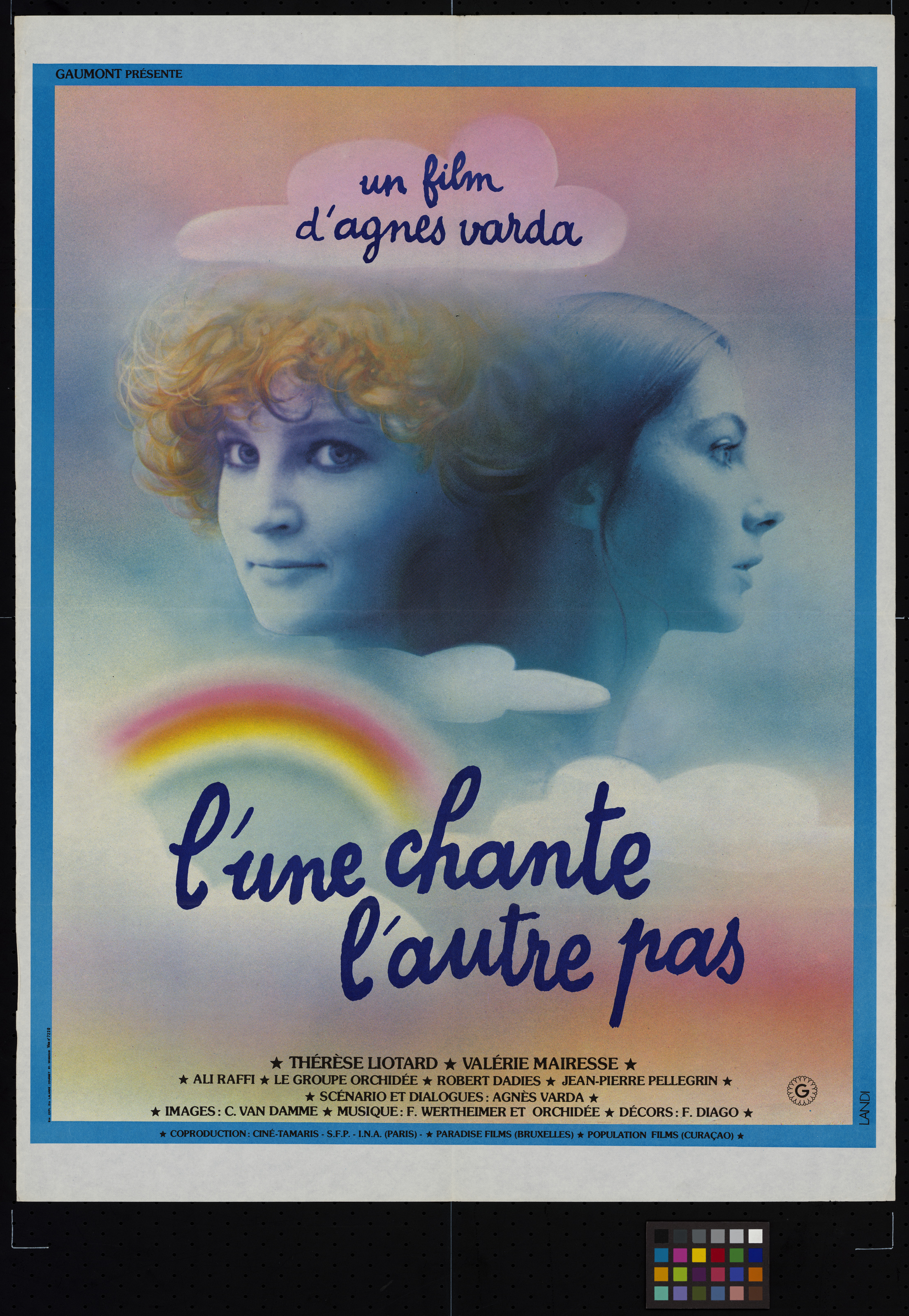 Poster with two women's faces, a rainbow, and bold text on a pastel background.