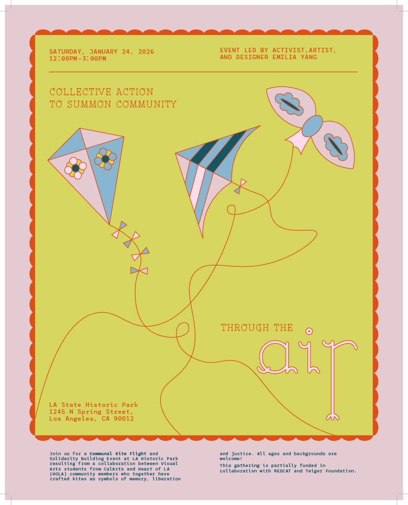 A poster featuring colorful kites and details for a community event at LA State Historic Park, with a yellow background and red scalloped border.