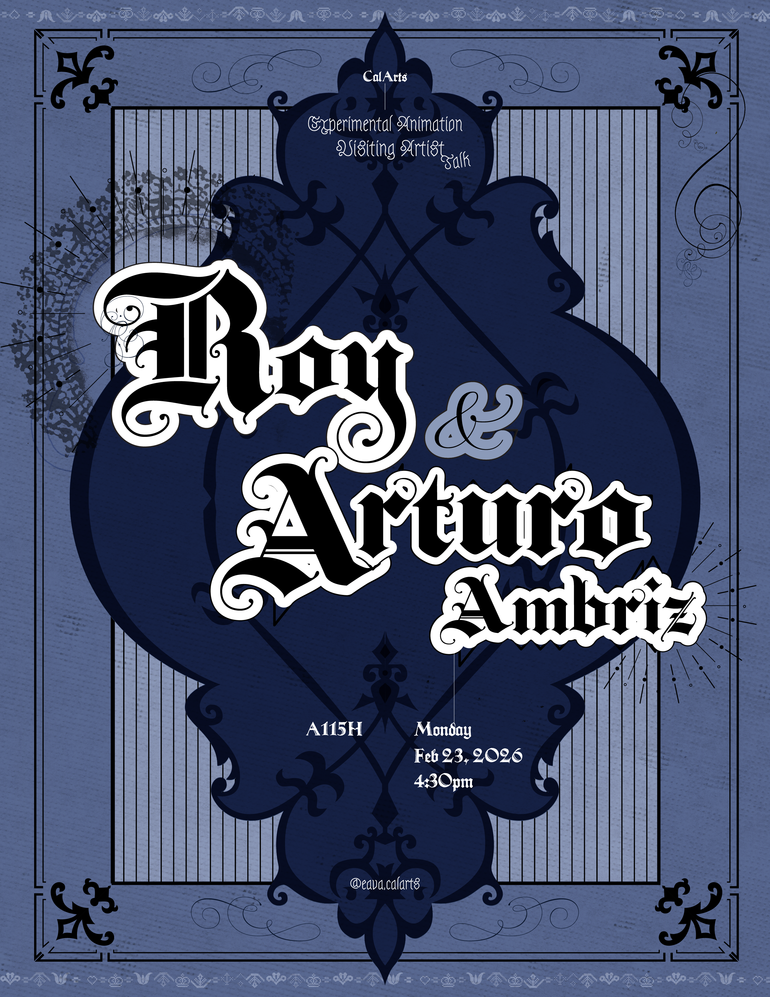 Poster with ornate blue and black design for an event featuring Roy and Arturo Ambriz.