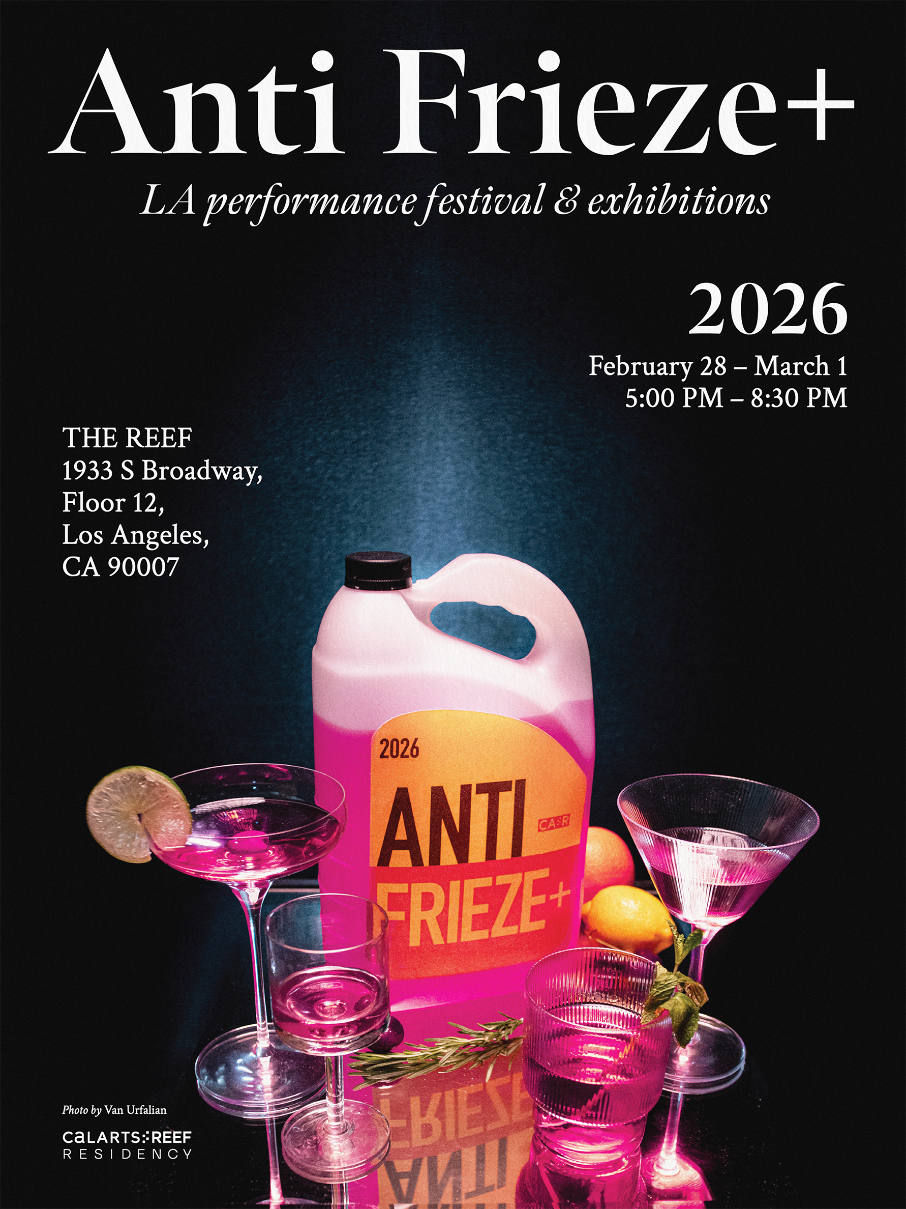 Event poster for "Anti Frieze+ LA performance festival & exhibitions" with a pink container amid cocktails and event details.