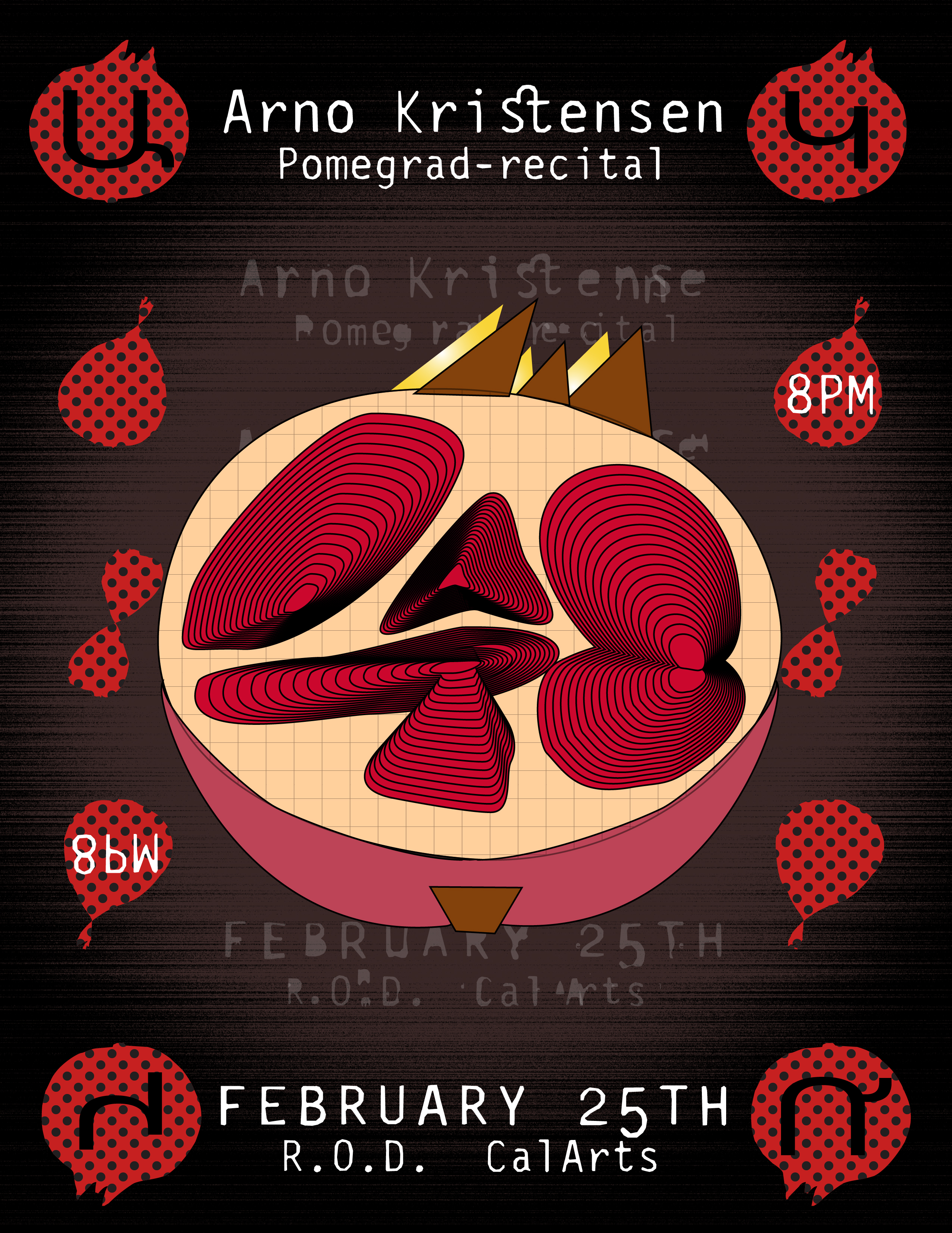 Artistic poster with a stylized pomegranate and event details surrounded by polka dot graphics.