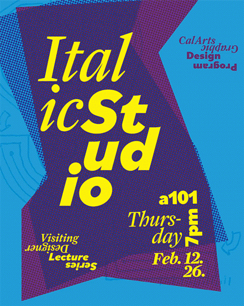 A vibrant poster with "Italic Studio" in large yellow letters on a purple-blue halftone triangle, with event details in smaller text.