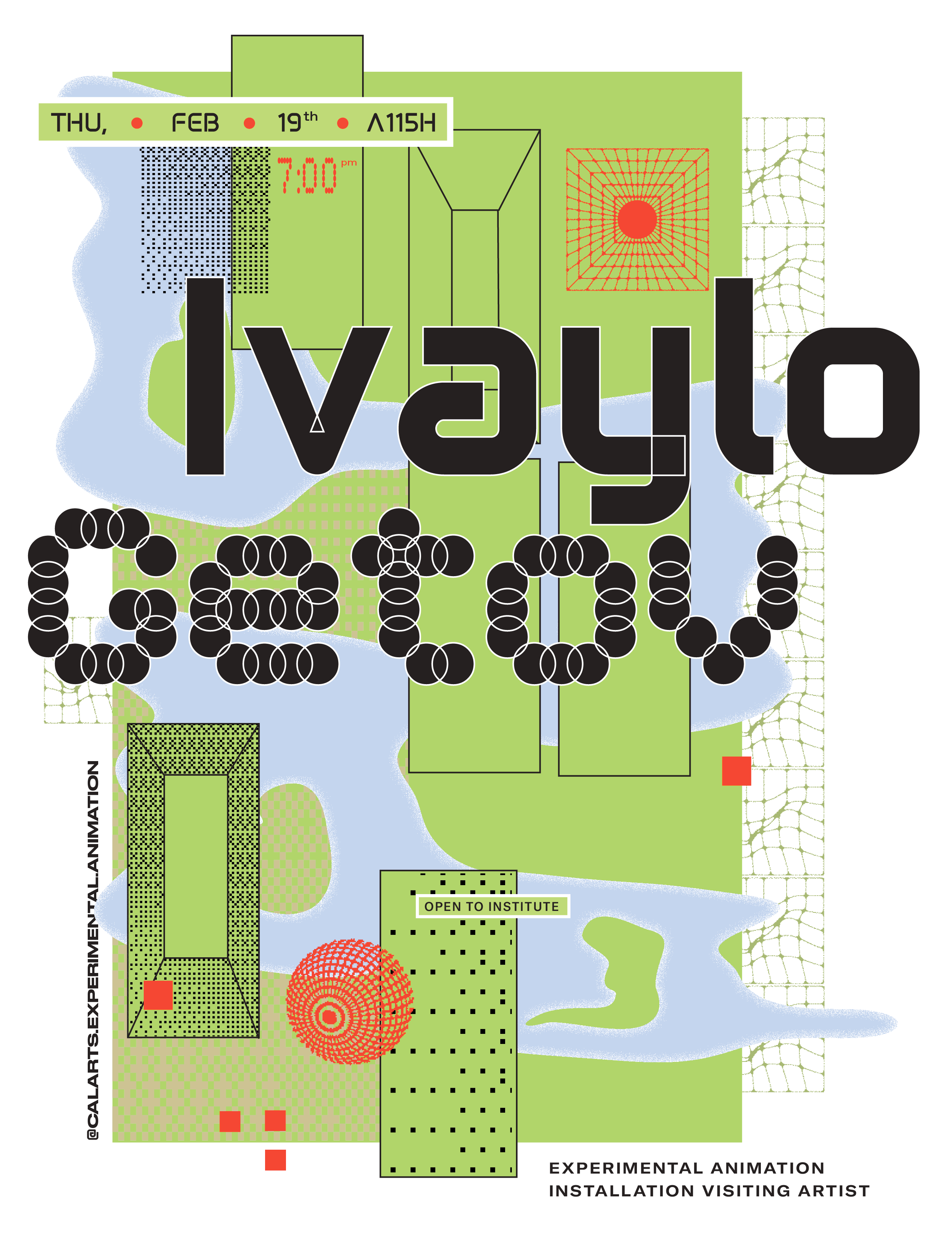 Event poster for "Ivaylo Getov" with geometric designs and text details about the event on a green background.