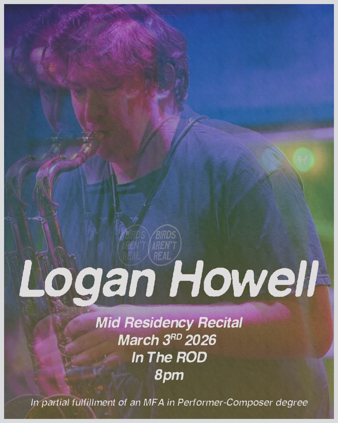 A stylized poster of a saxophone player with colorful overlays and event details.