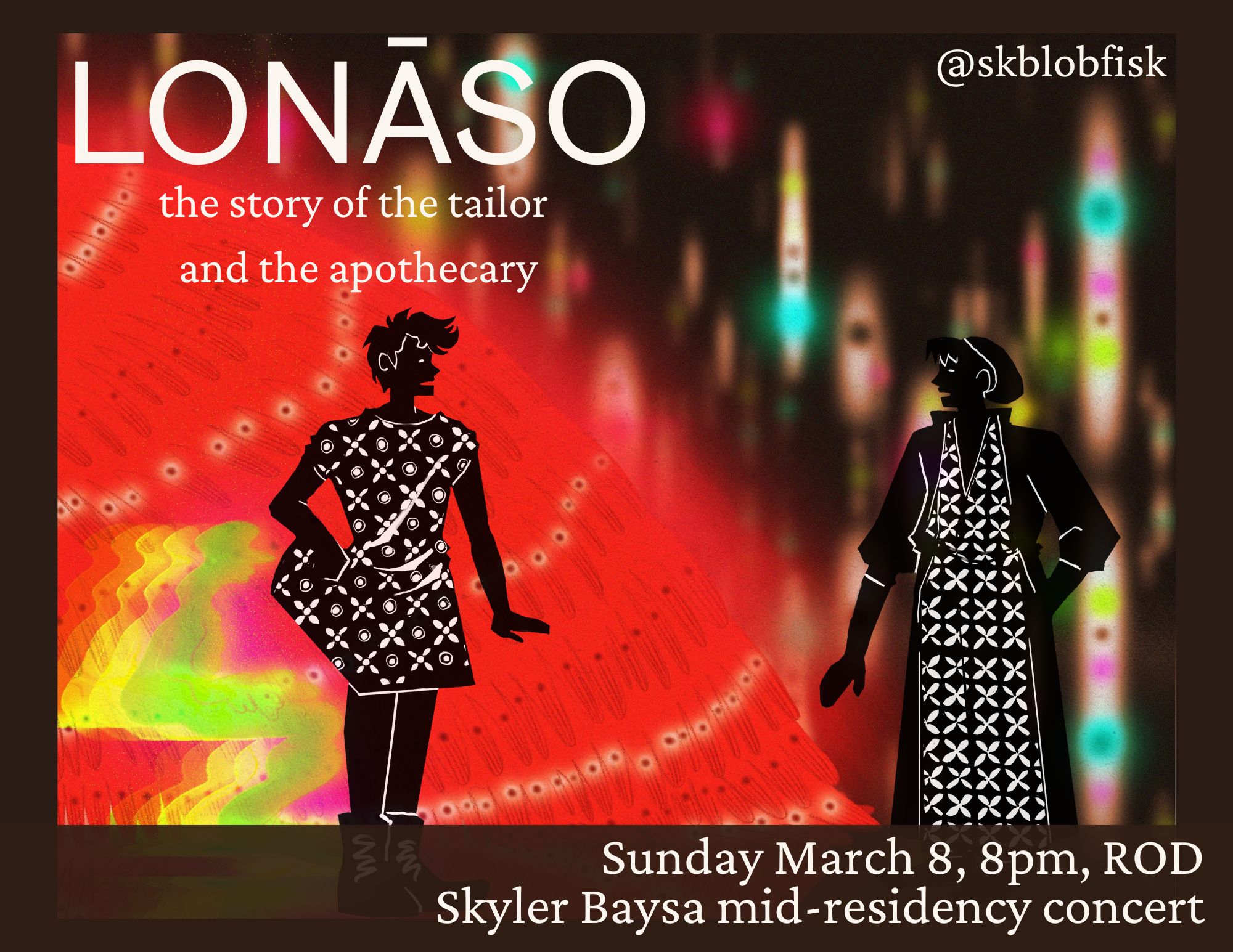 Promotional graphic for "LONĀSO the story of the tailor and the apothecary" with colorful abstract background and silhouetted figures.