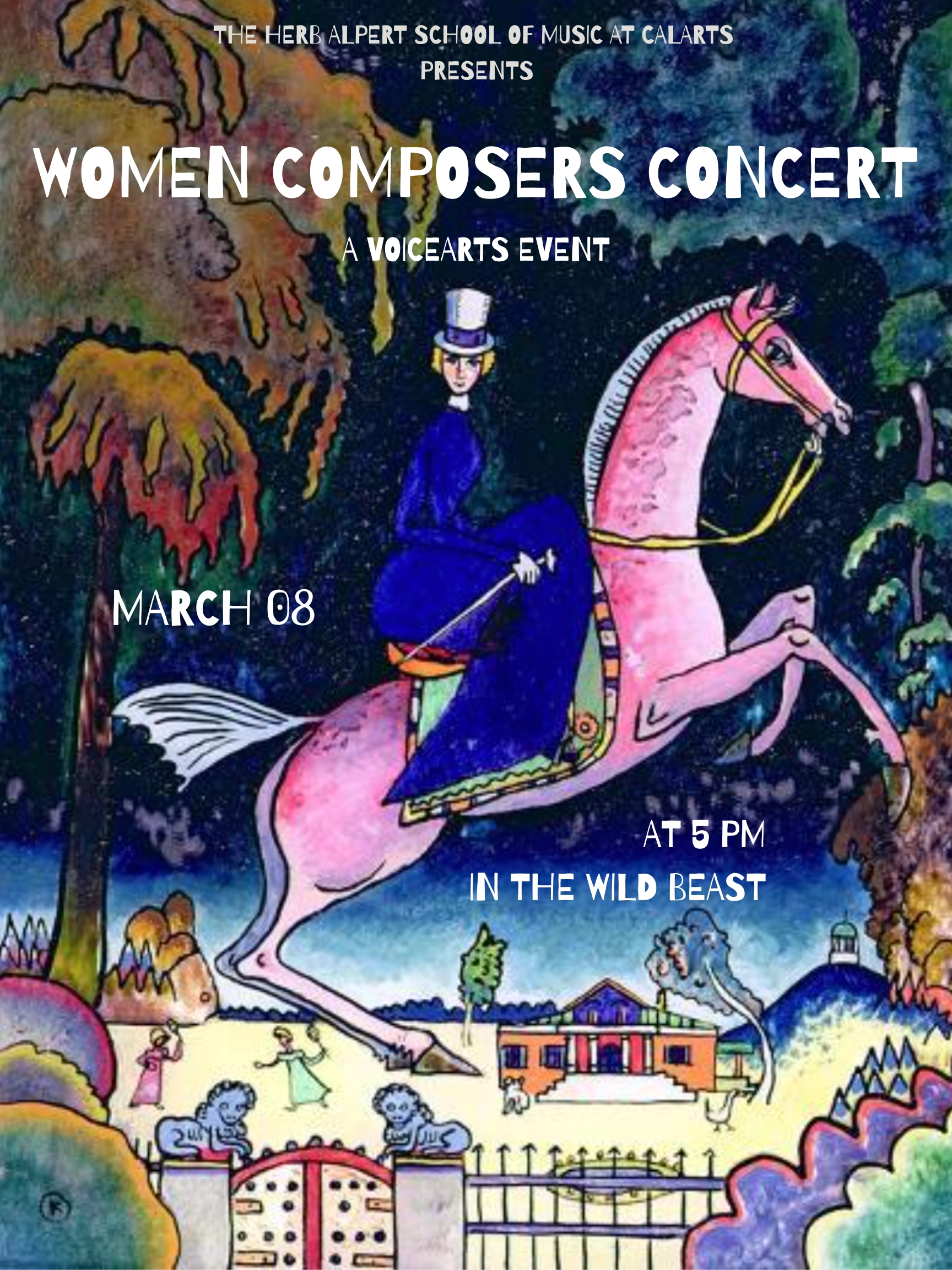 Illustration of a person riding a pink horse through a colorful, fantasy landscape.