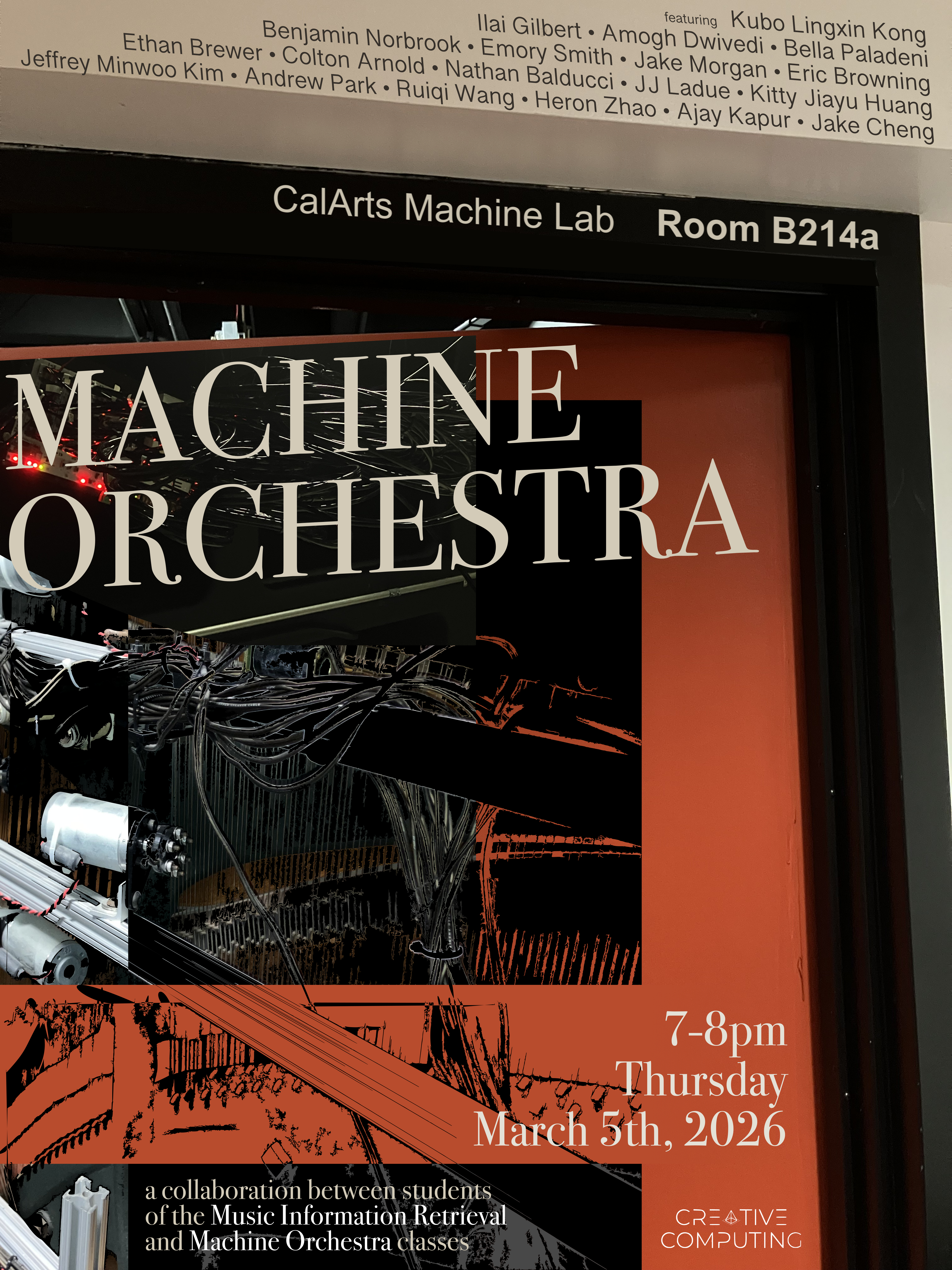 Promotional poster for a "Machine Orchestra" event at CalArts Machine Lab, featuring mechanical components and event details.