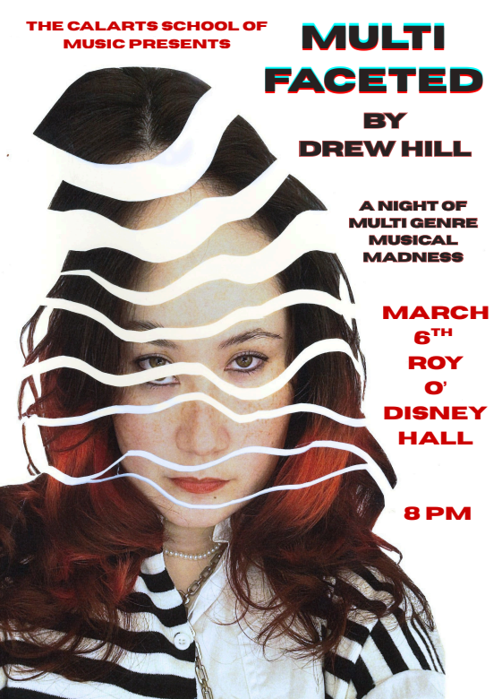 A poster showing a woman's portrait with wavy white stripes overlay and event details in bold text.