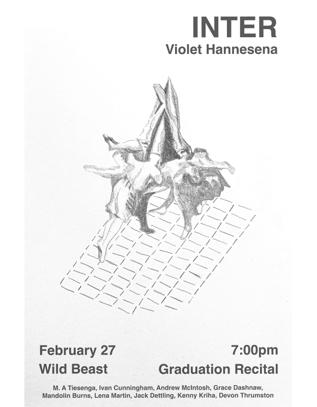Poster for an event titled "INTER" by Violet Hannesena with an abstract illustration and event details.