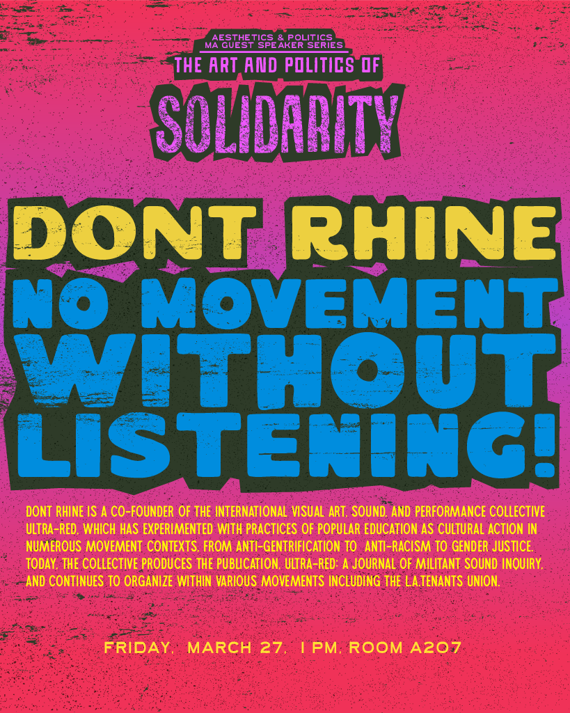 Poster with bold text about Dont Rhine and solidarity, featuring event details.