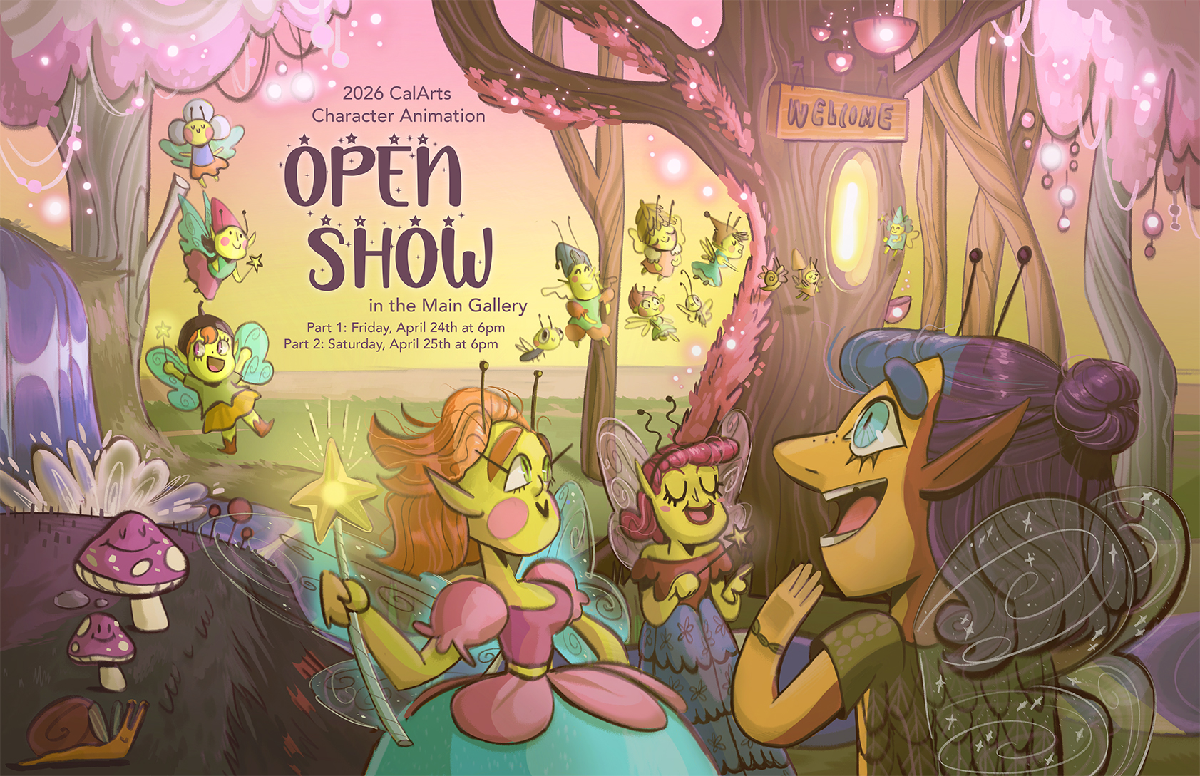 A colorful illustration of fairies in a magical forest with glowing orbs and a "Welcome" sign.