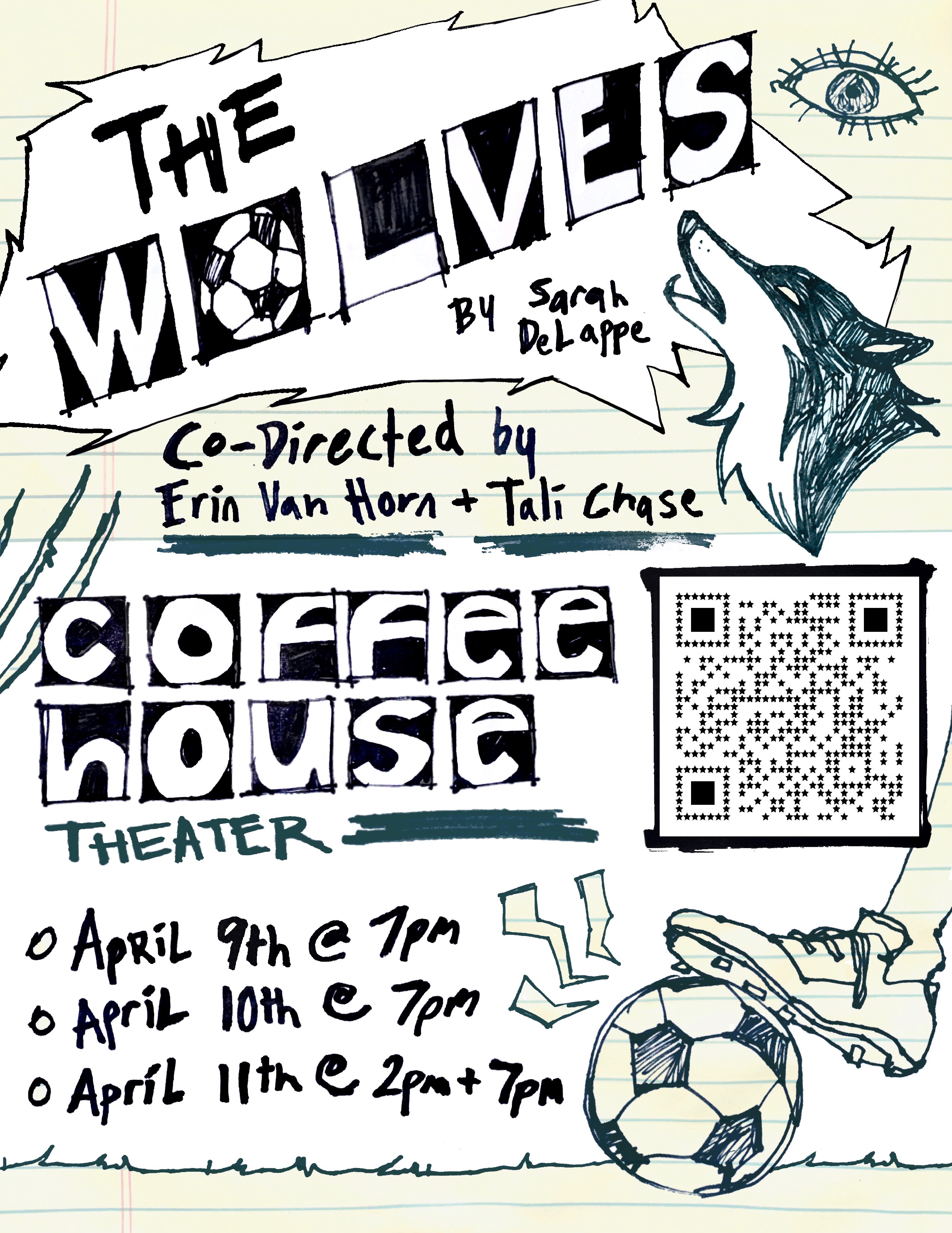 Poster for "The Wolves" by Sarah DeLappe with a soccer ball theme and theater show dates.