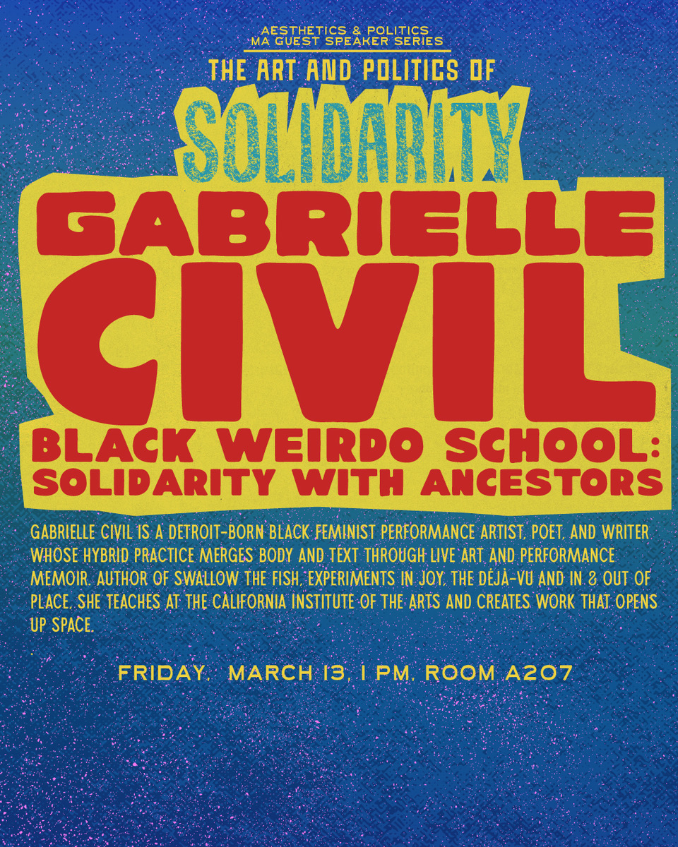 Promotional poster for Gabrielle Civil's event, highlighting her background and event details on a colorful background.