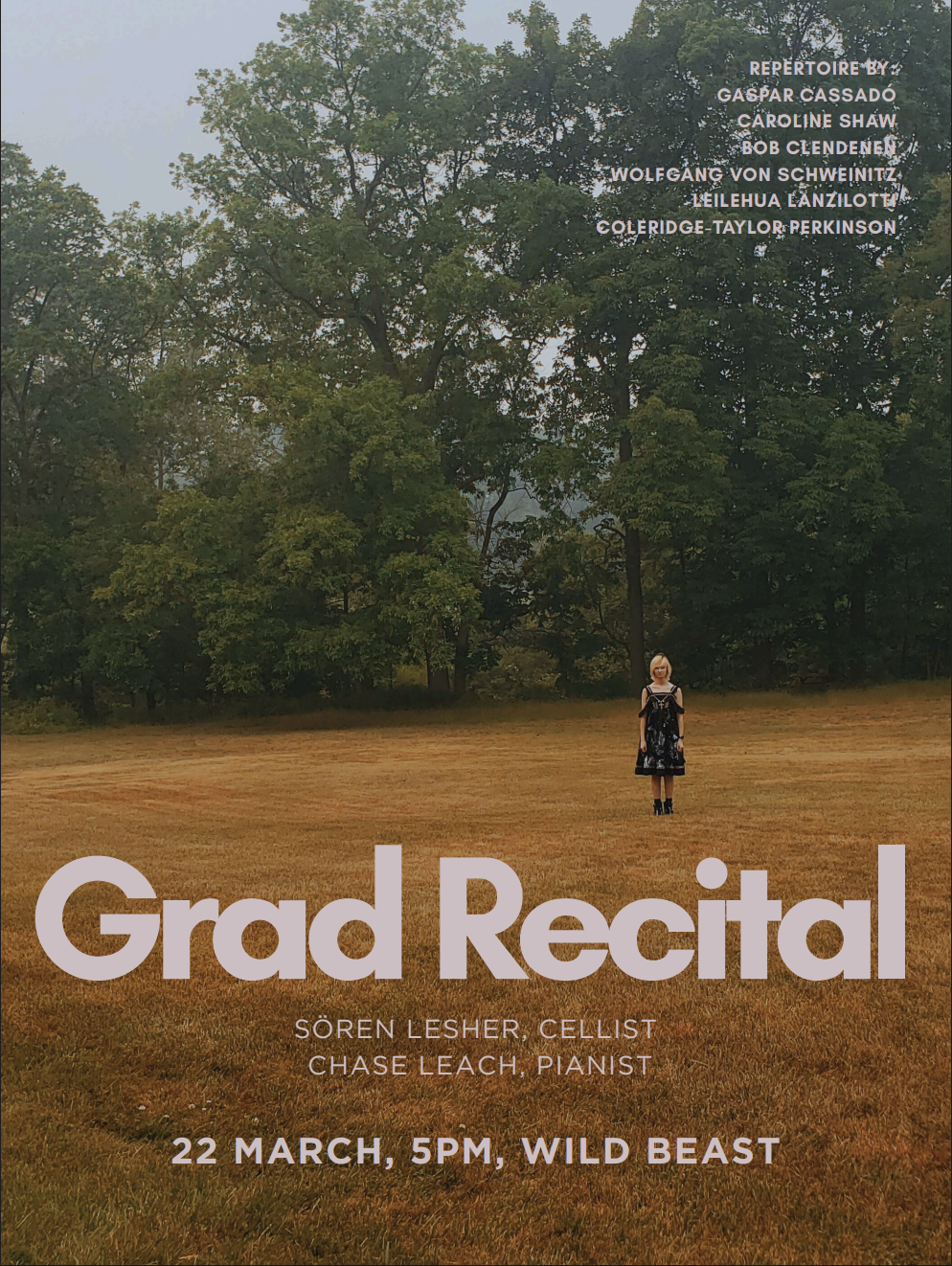 A person stands in a grassy field with trees in the background, overlaid with text about a grad recital.