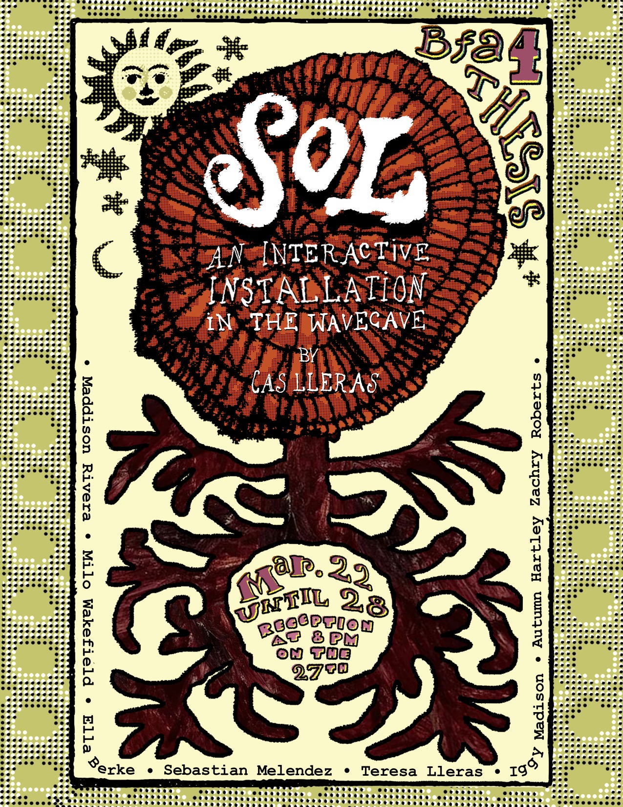 Poster for "SOL" an installation by Cas Lleras, featuring a stylized tree and event details.