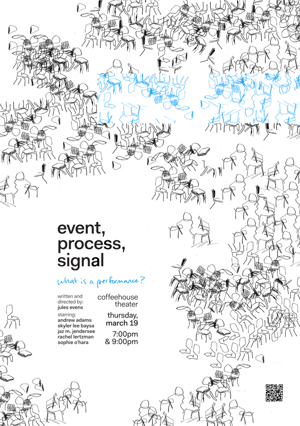 Abstract sketch of seated figures on a white background with event details in black text on the left side.