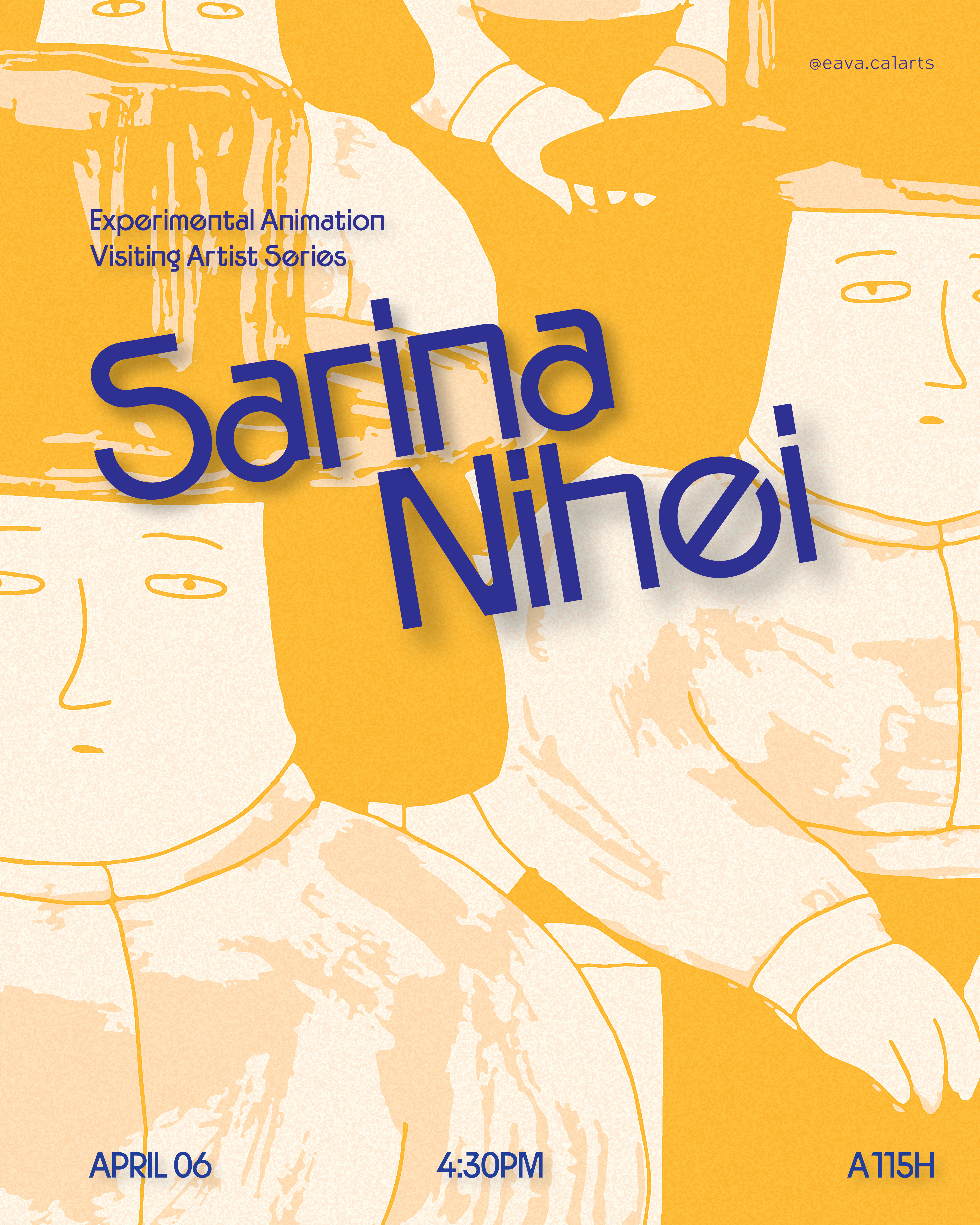 Poster with abstract human illustrations and the text "Sarina Nihei" in bold blue, promoting an animation event.