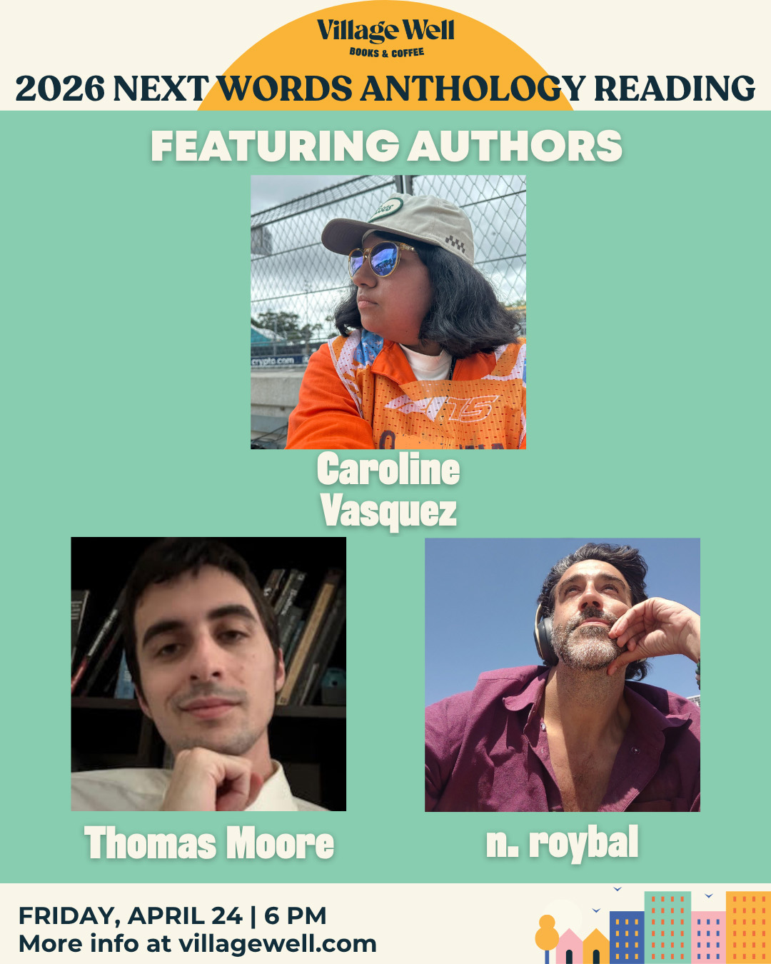 Flyer for the "2026 Next Words Anthology Reading" featuring author photos and event details.