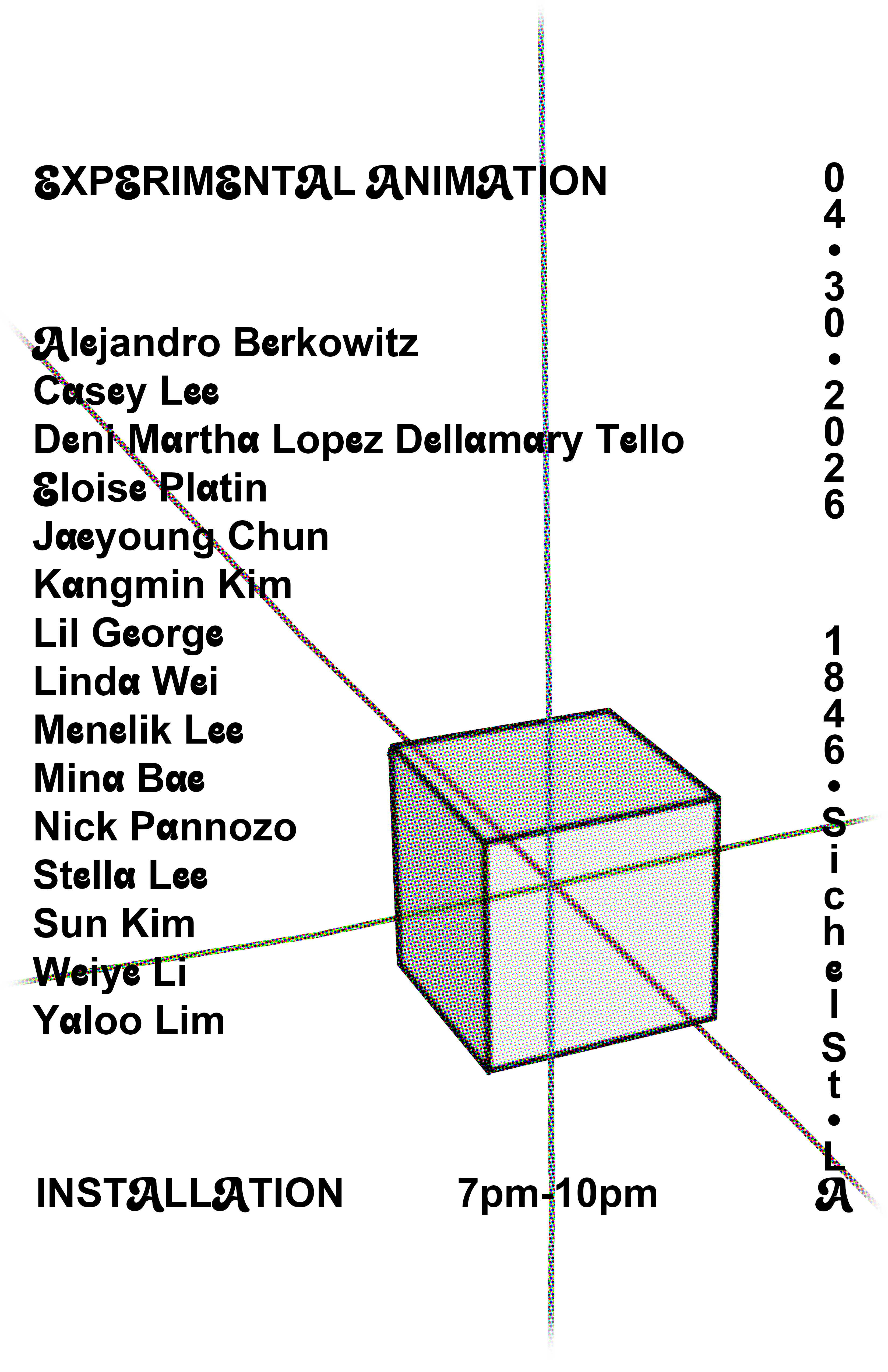 Promotional poster for "Experimental Animation" featuring participant names, event date, location, and a geometric cube design.