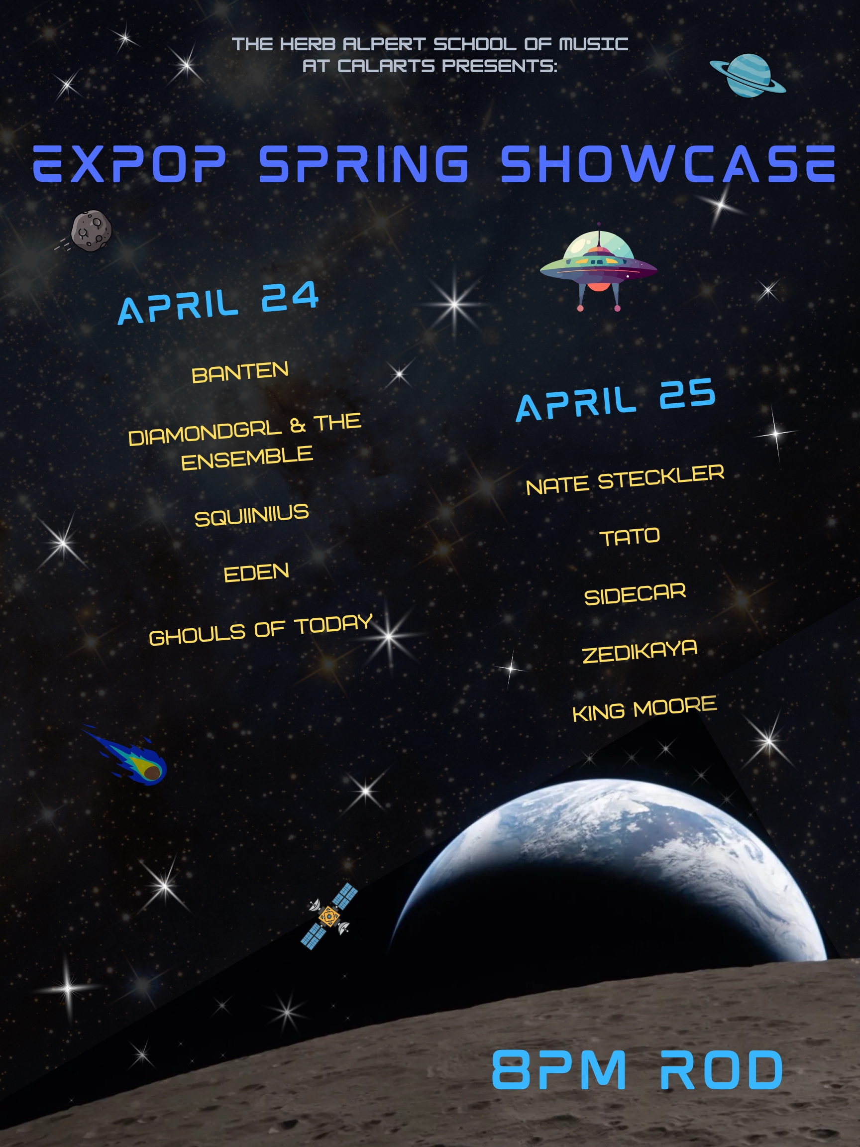 Space-themed poster for the EXPOP Spring Showcase on April 24-25, featuring various performers and space elements.