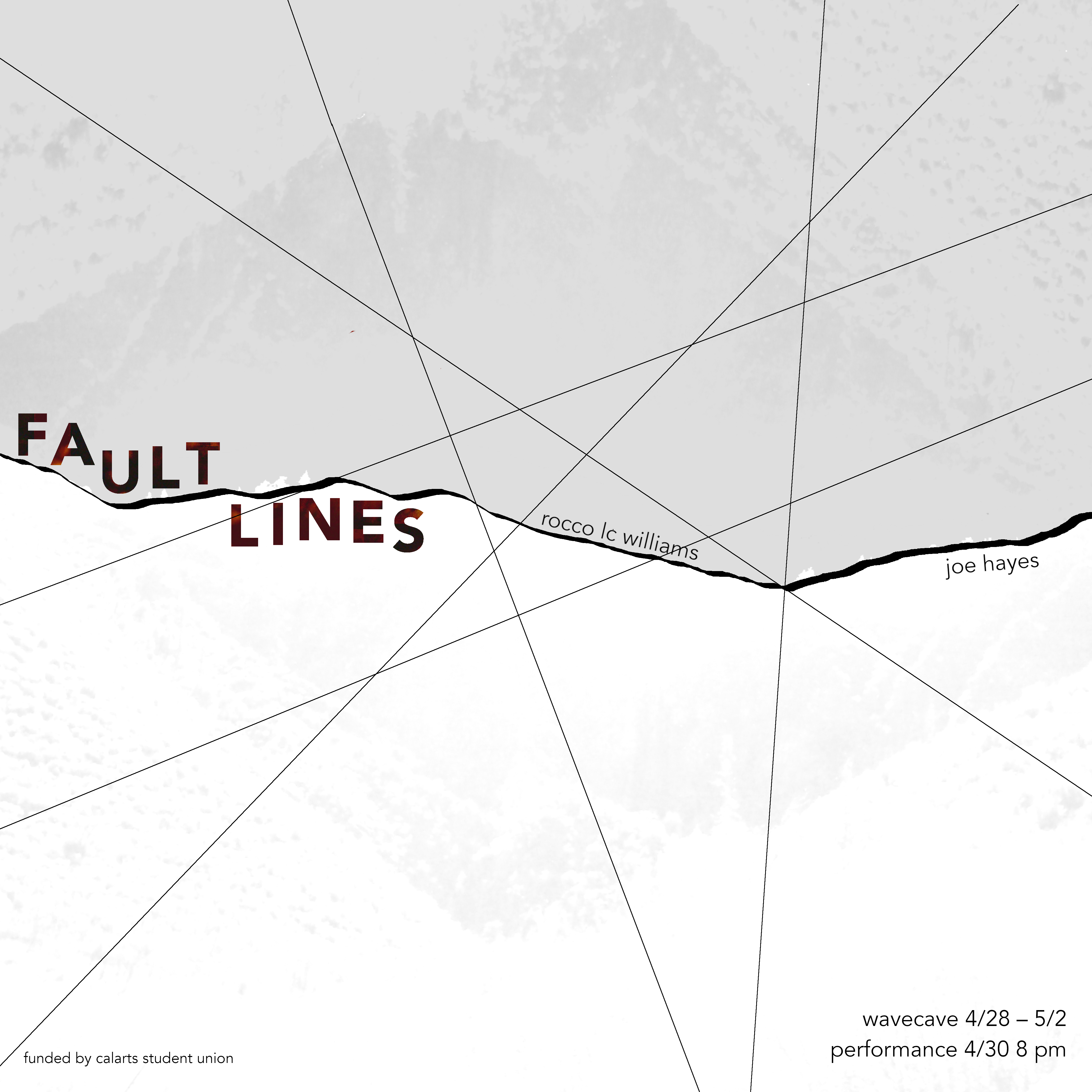 Abstract image with red text "Fault Lines" over a black line and event details in grayscale.