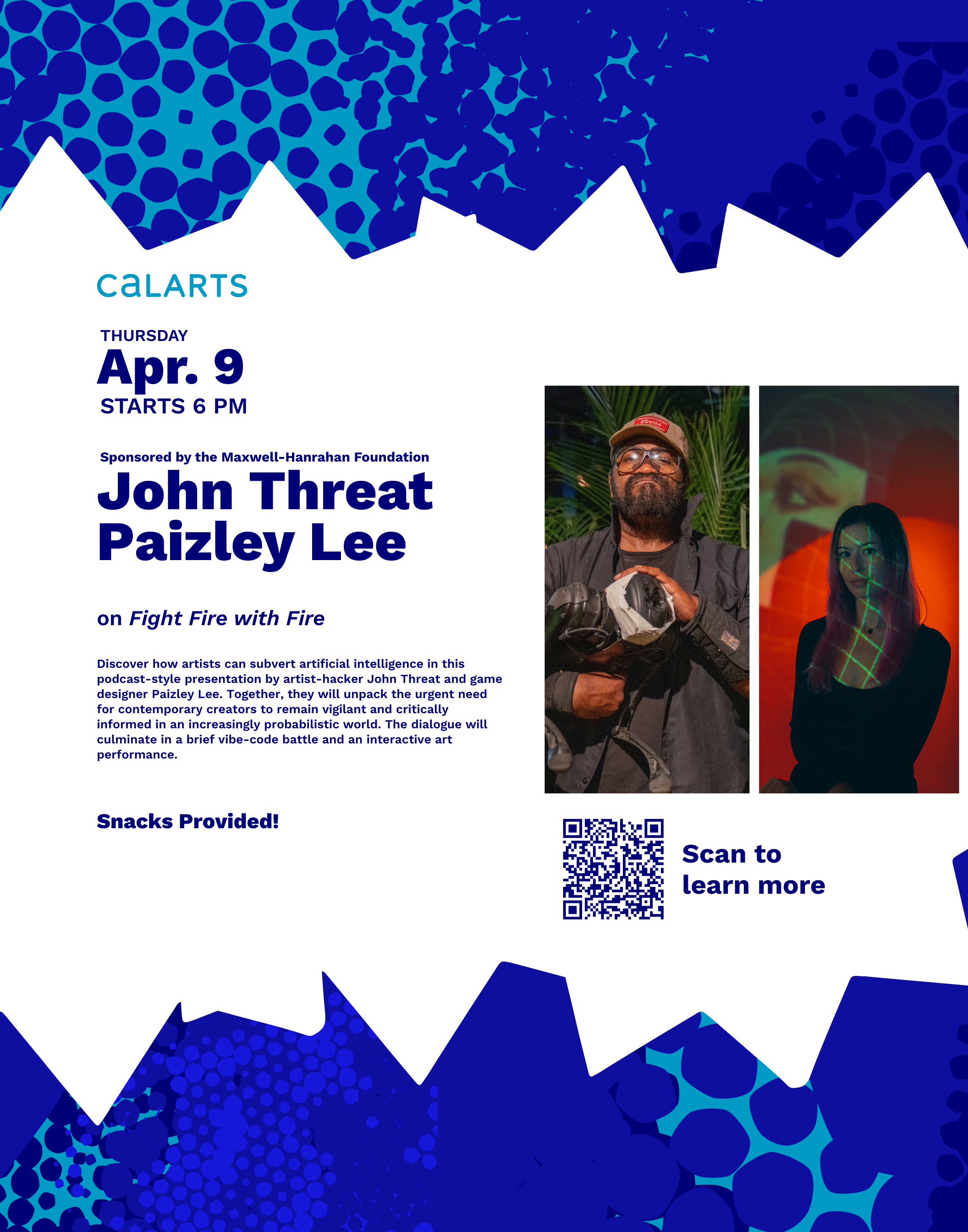 Event poster for "Fight Fire with Fire" featuring John Threat and Paizley Lee, with details and two photographs.