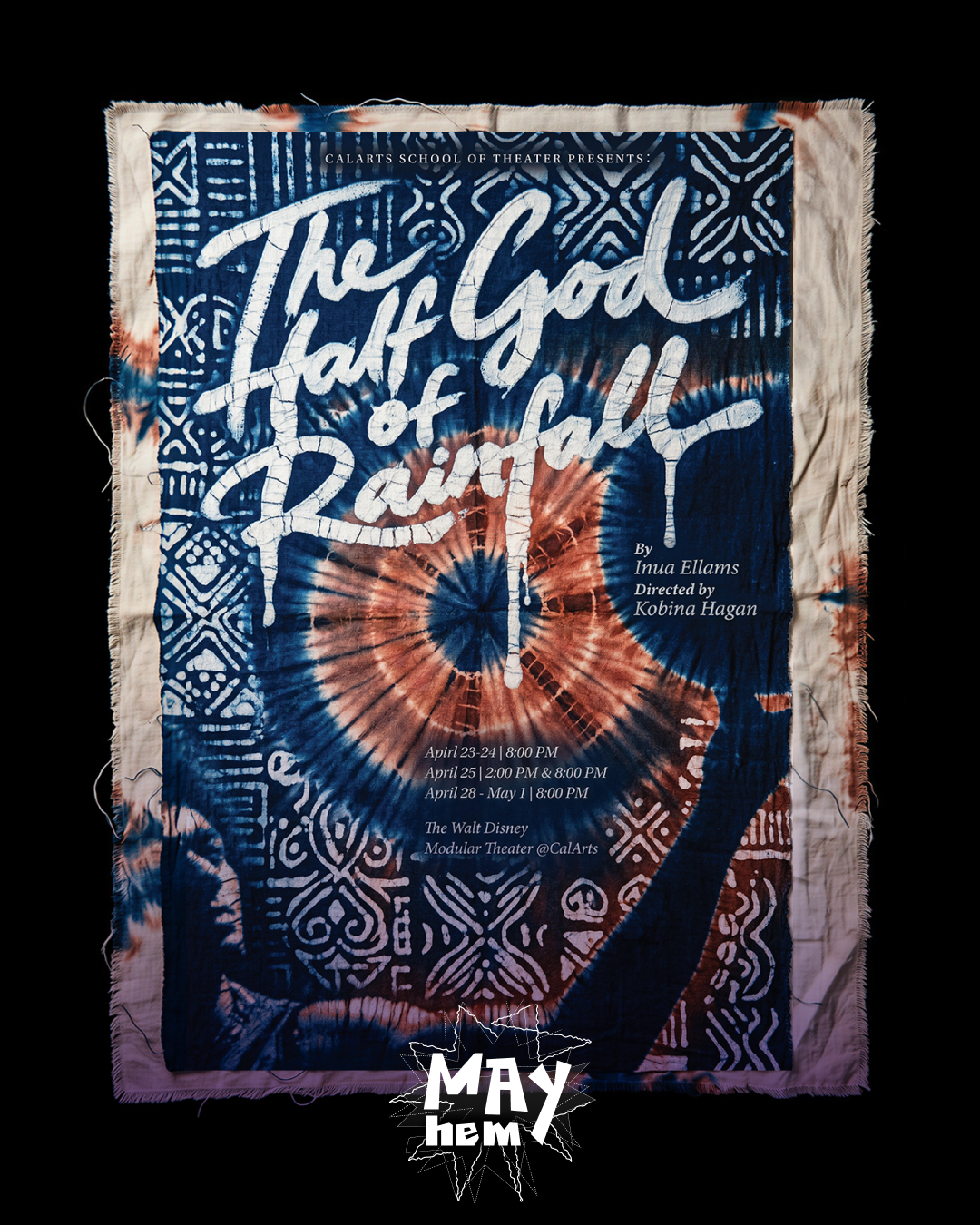 A poster with a tie-dye background and the title "The Half God of Rainfall" in bold white script.
