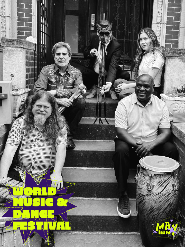 A black and white photo of five people with musical instruments sitting on steps.
