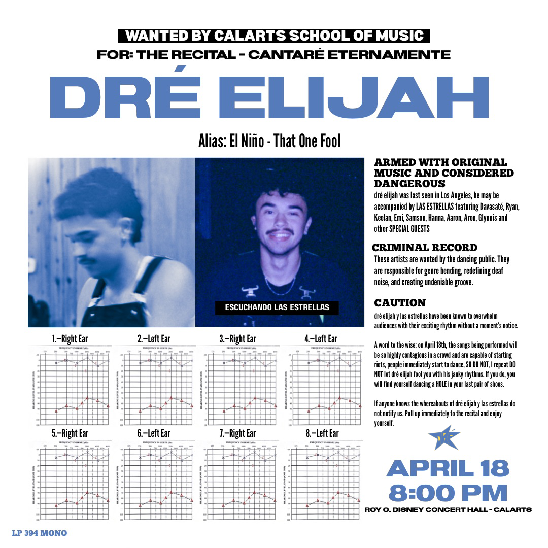 Poster for a music recital featuring Dré Elijah at CalArts, including images and event details.